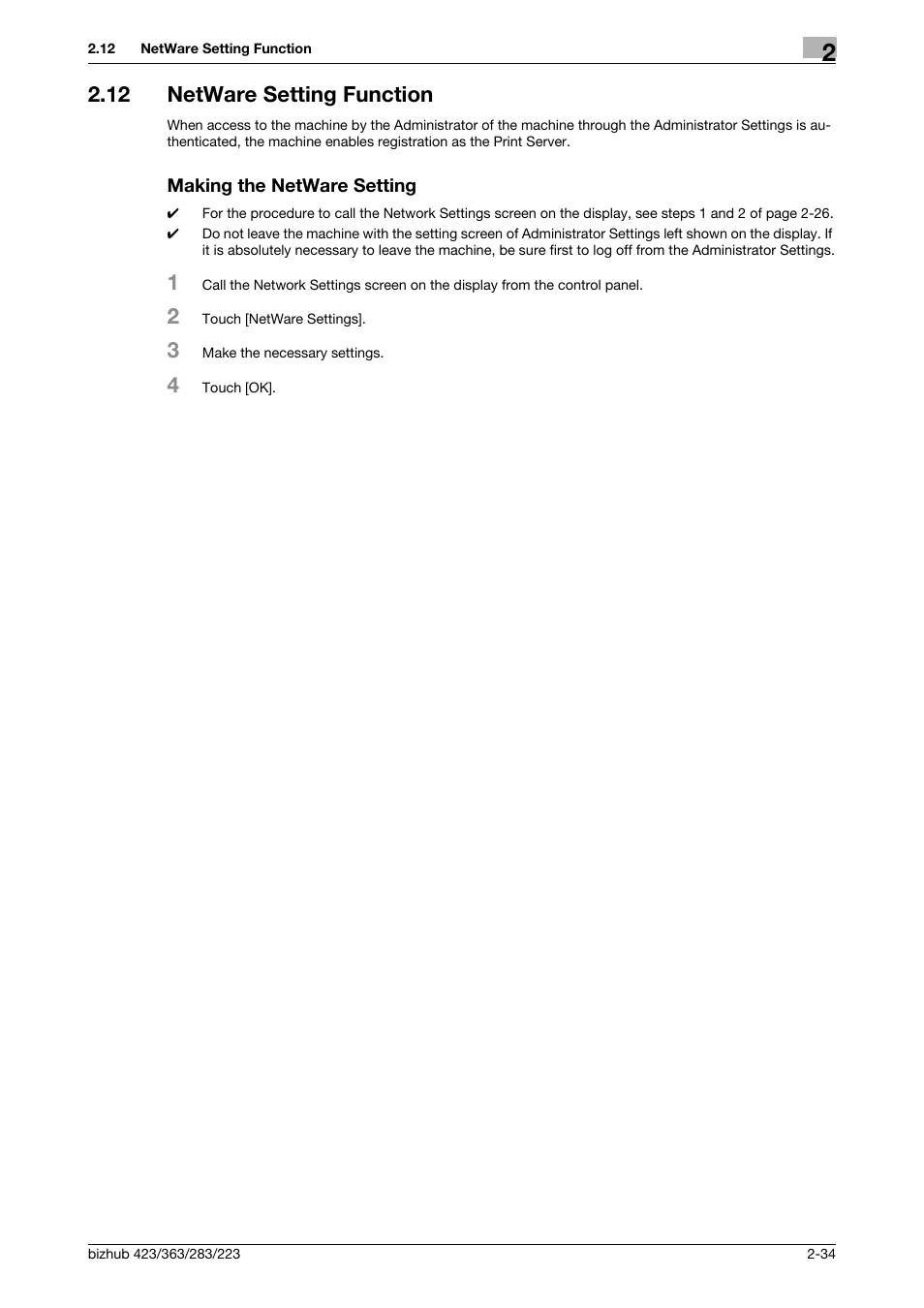 12 netware setting function, Making the netware setting | Konica Minolta BIZHUB 223 User Manual | Page 46 / 55