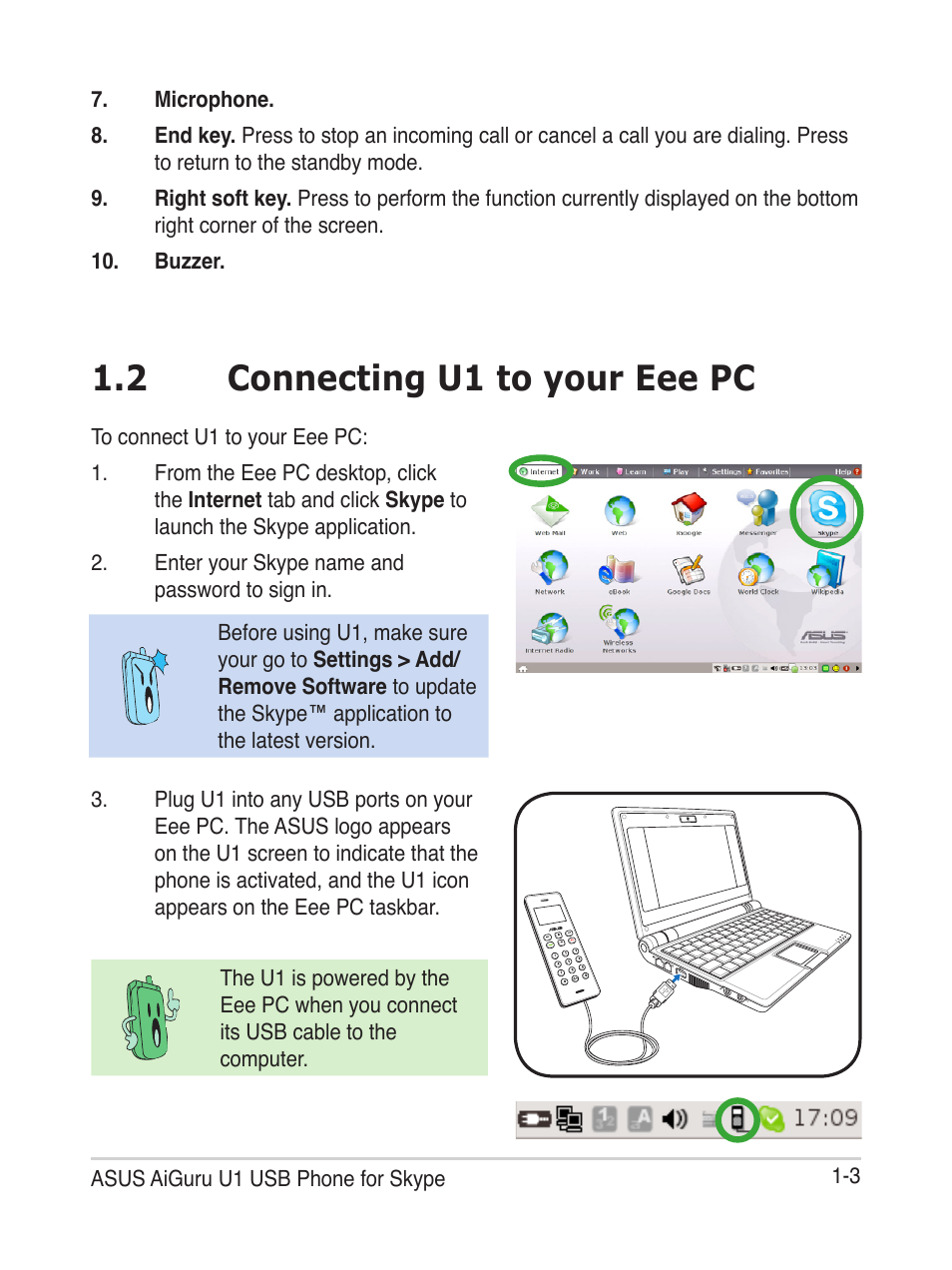2 connecting u1 to your eee pc | Asus USb phone for Skype AiGuru U1 User Manual | Page 13 / 28