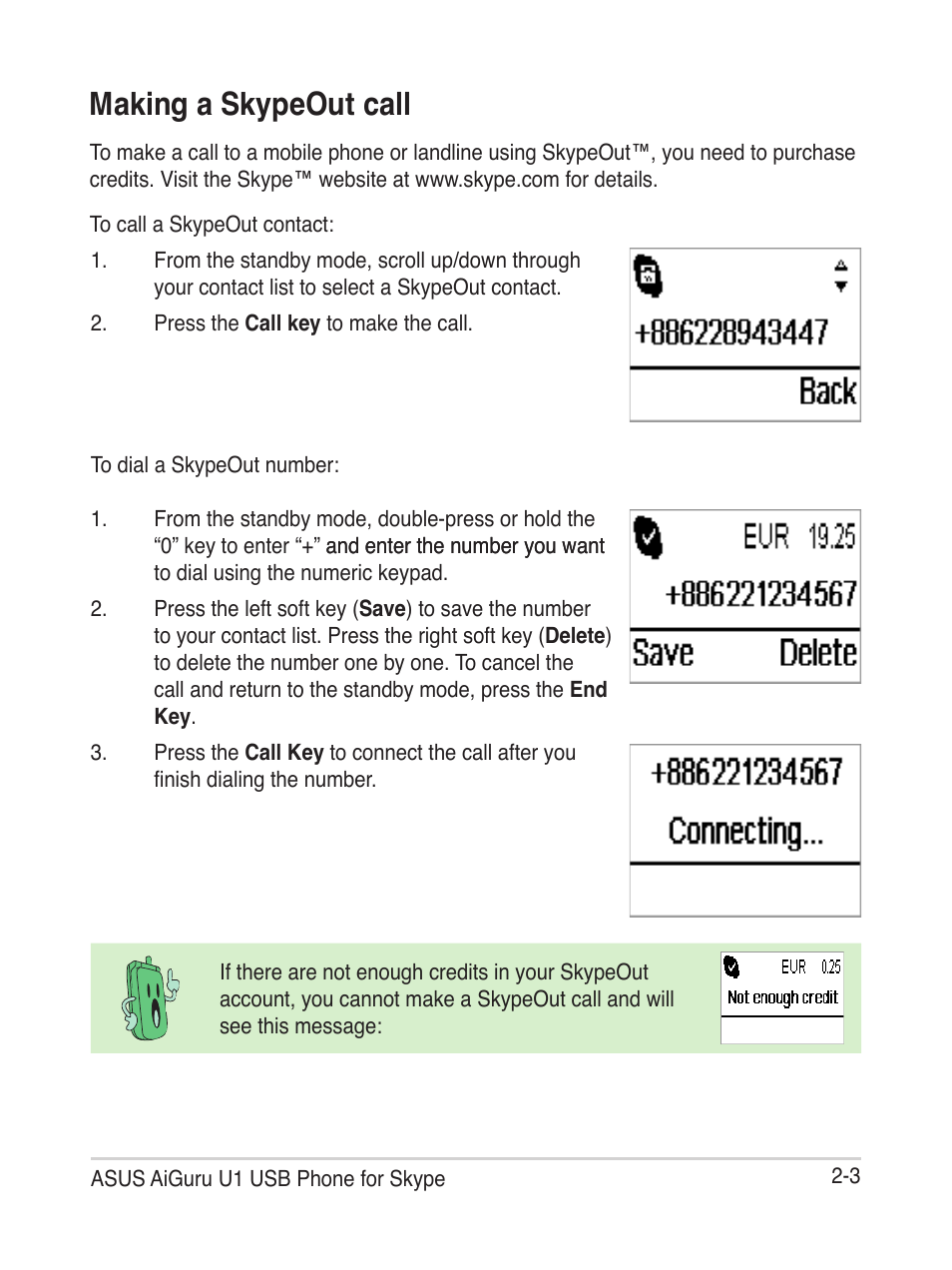Making a skypeout call | Asus USb phone for Skype AiGuru U1 User Manual | Page 17 / 28