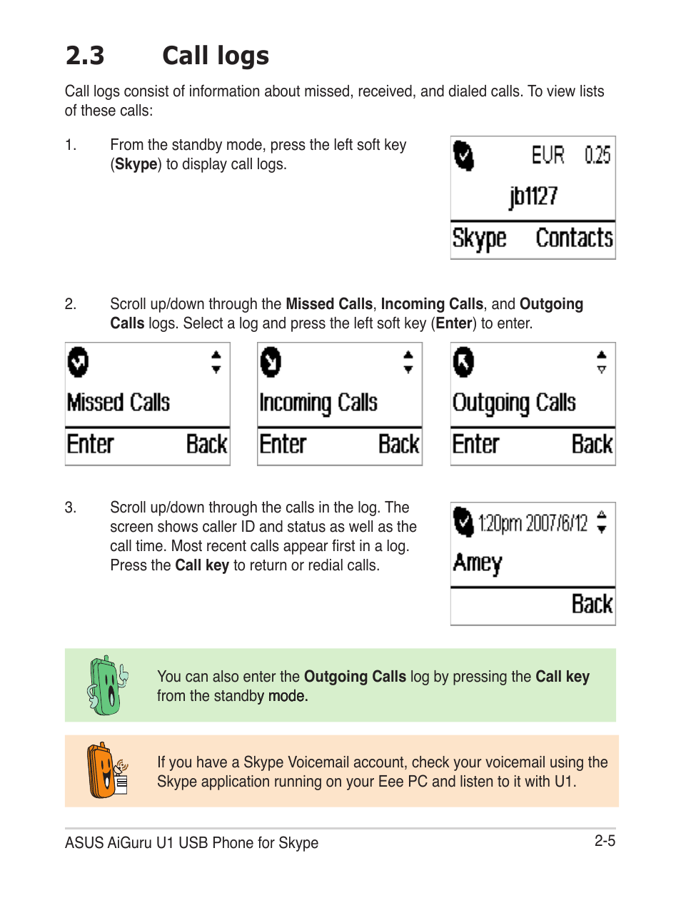 3 call logs | Asus USb phone for Skype AiGuru U1 User Manual | Page 19 / 28