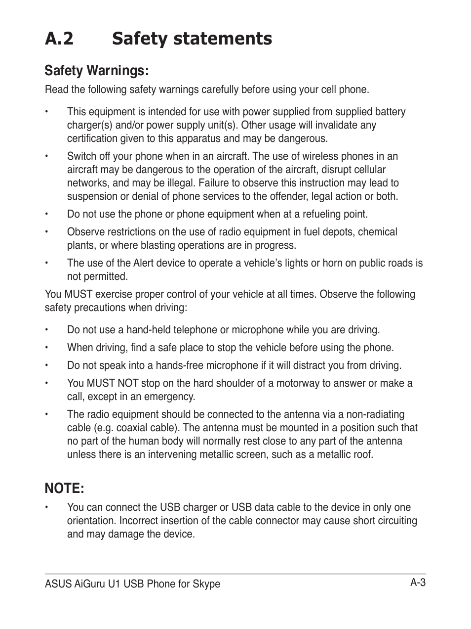 A.2 safety statements, Safety warnings | Asus USb phone for Skype AiGuru U1 User Manual | Page 23 / 28