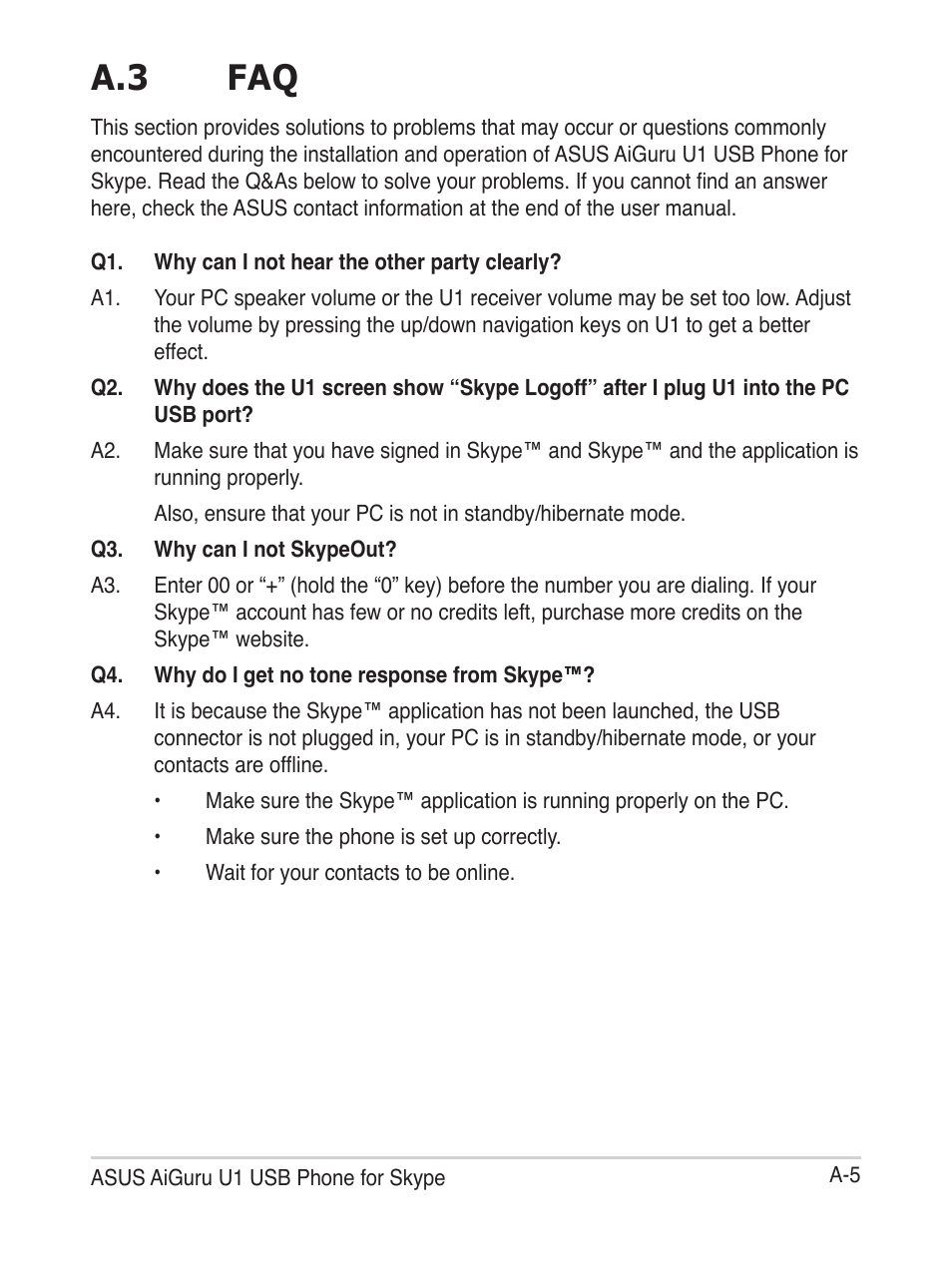 A.3 faq | Asus USb phone for Skype AiGuru U1 User Manual | Page 25 / 28