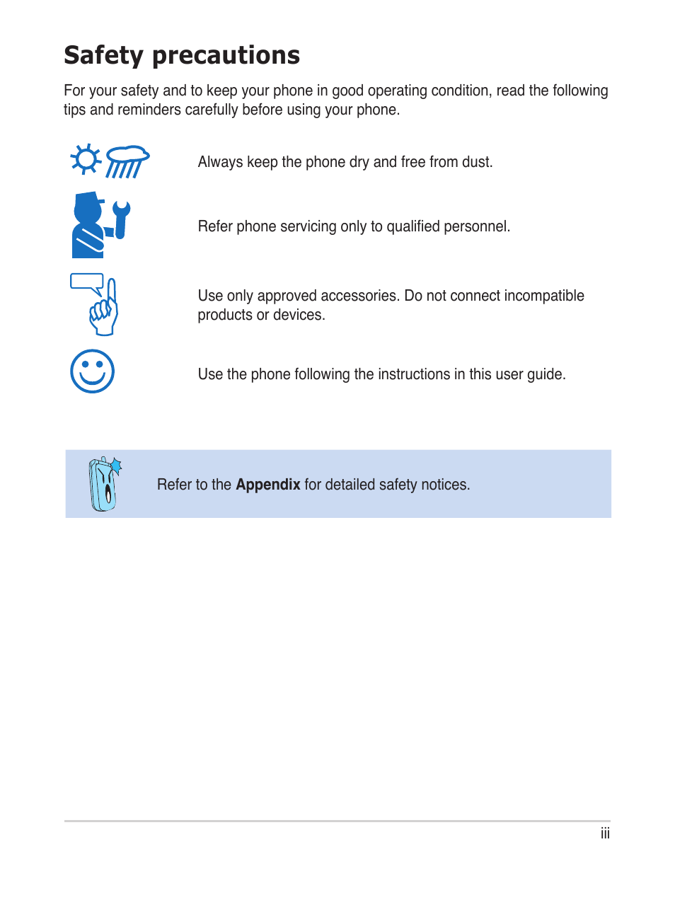 Safety precautions | Asus USb phone for Skype AiGuru U1 User Manual | Page 3 / 28