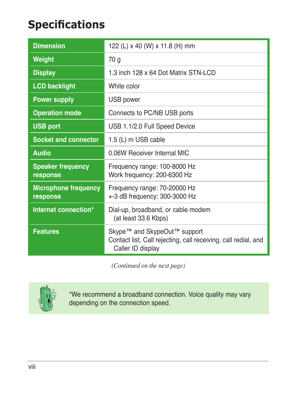 Specifications | Asus USb phone for Skype AiGuru U1 User Manual | Page 8 / 28
