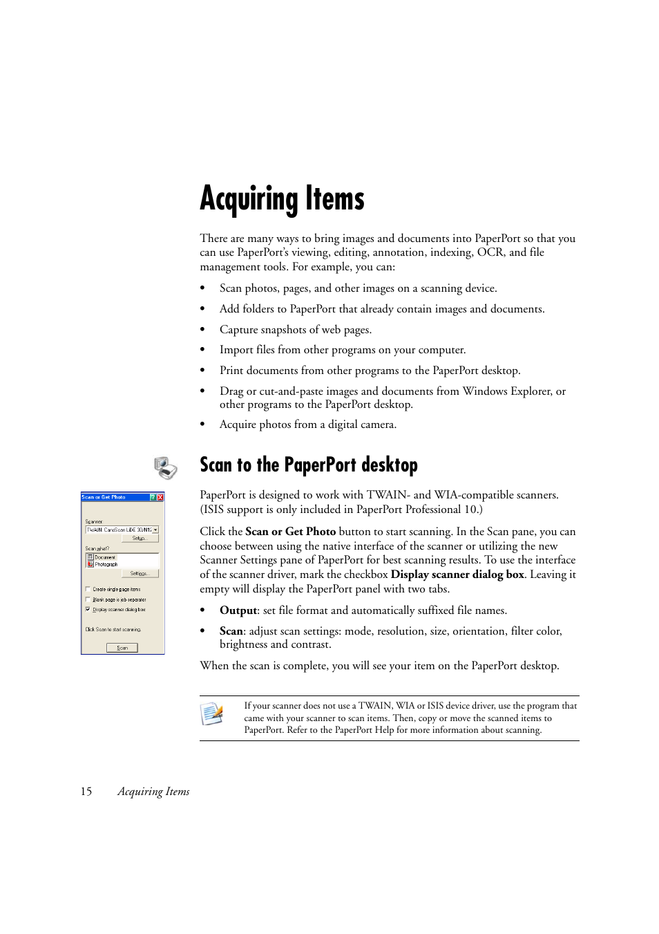 Acquiring items, Scan to the paperport desktop | Konica Minolta Magicolor 2480MF User Manual | Page 15 / 28