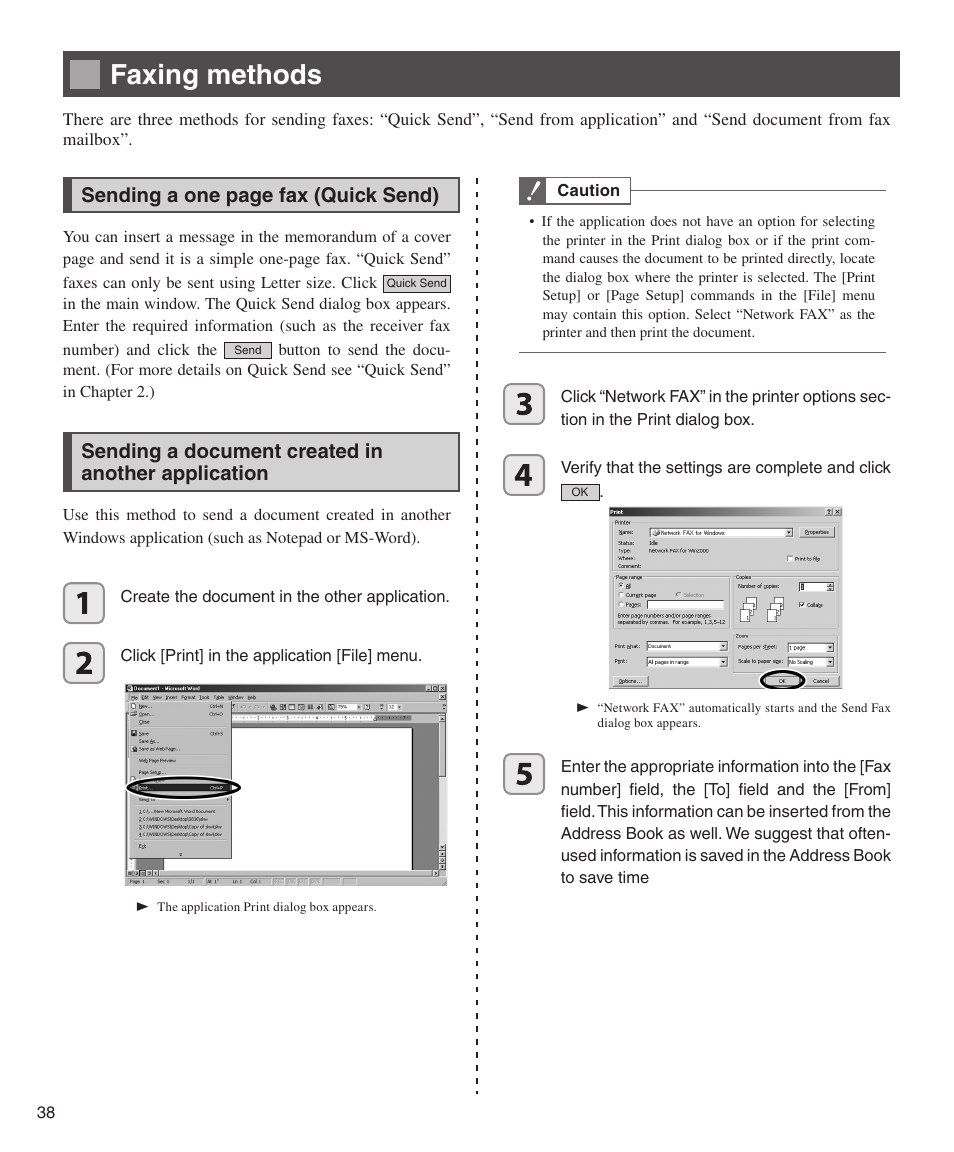 Faxing methods, Sending a document created in another application, Sending a one page fax (quick send) | Konica Minolta bizhub 282 User Manual | Page 38 / 76