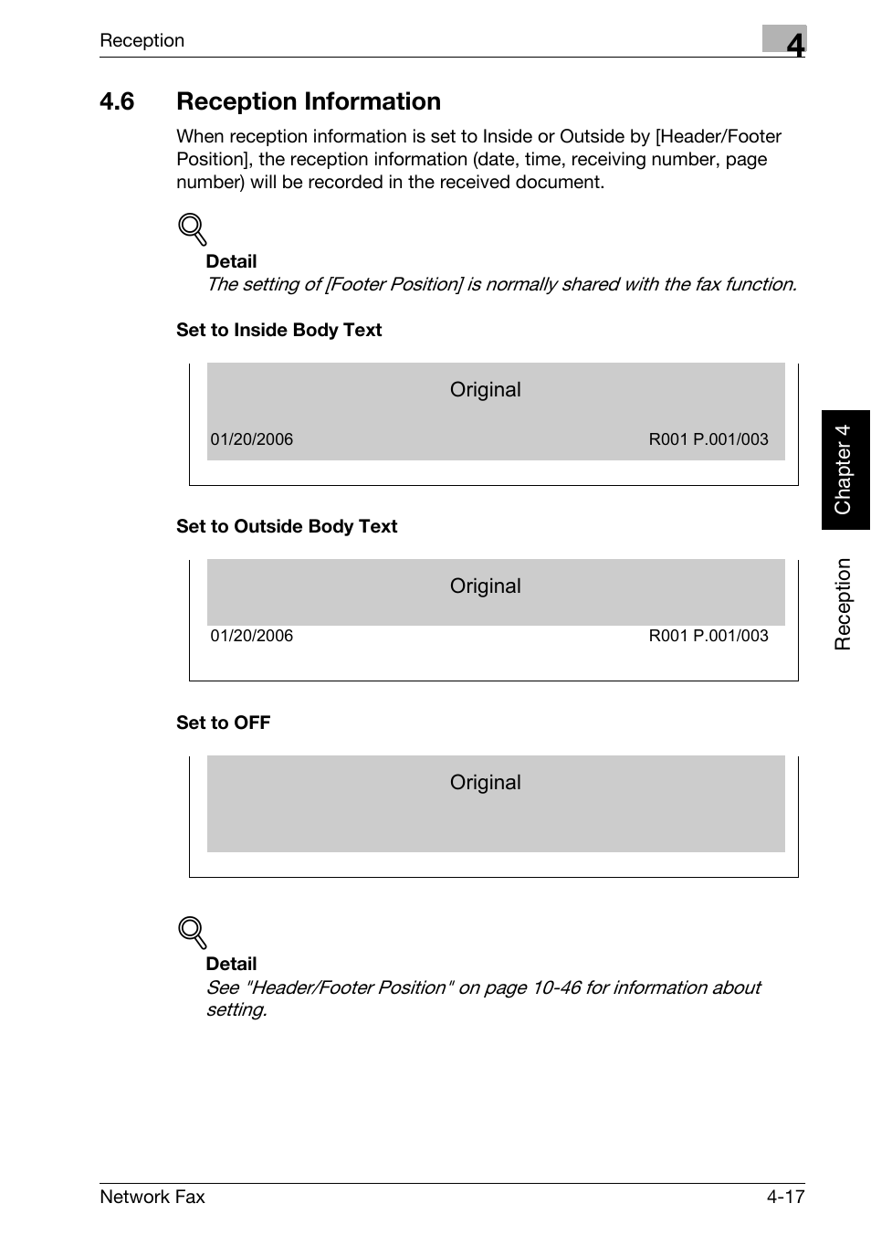 6 reception information, Set to inside body text, Set to outside body text | Set to off, Reception information -17 | Konica Minolta bizhub 750 User Manual | Page 100 / 334