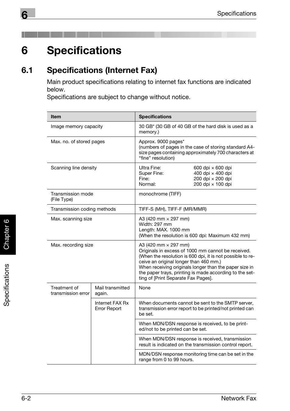 6 specifications, 1 specifications (internet fax), Specifications | Specifications (internet fax) -2, 6specifications, Sp ecific ations chap te r 6 | Konica Minolta bizhub 750 User Manual | Page 111 / 334