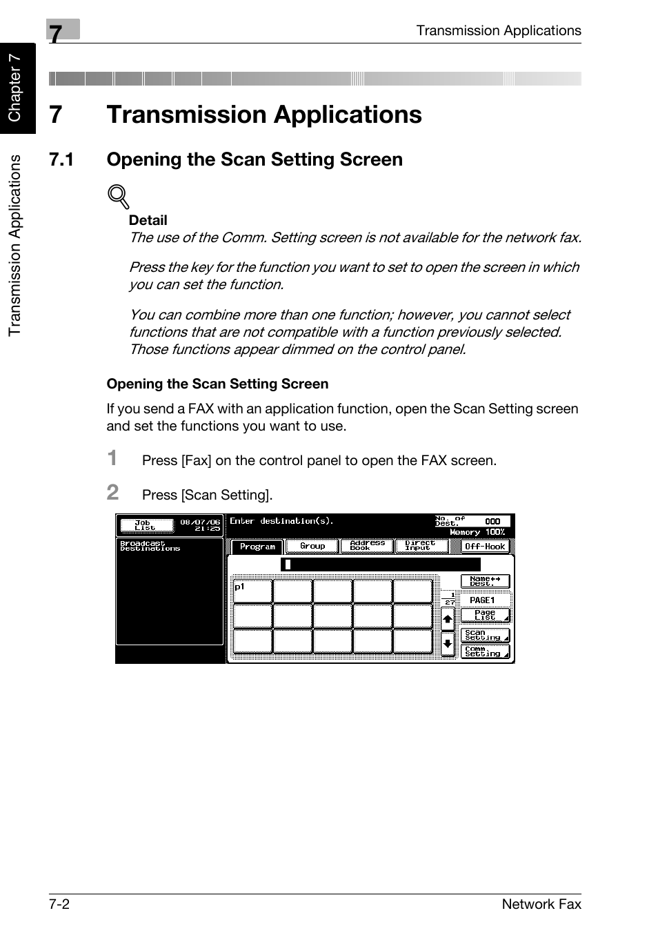 7 transmission applications, 1 opening the scan setting screen, Opening the scan setting screen | Transmission applications, Opening the scan setting screen -2, 7transmission applications | Konica Minolta bizhub 750 User Manual | Page 115 / 334