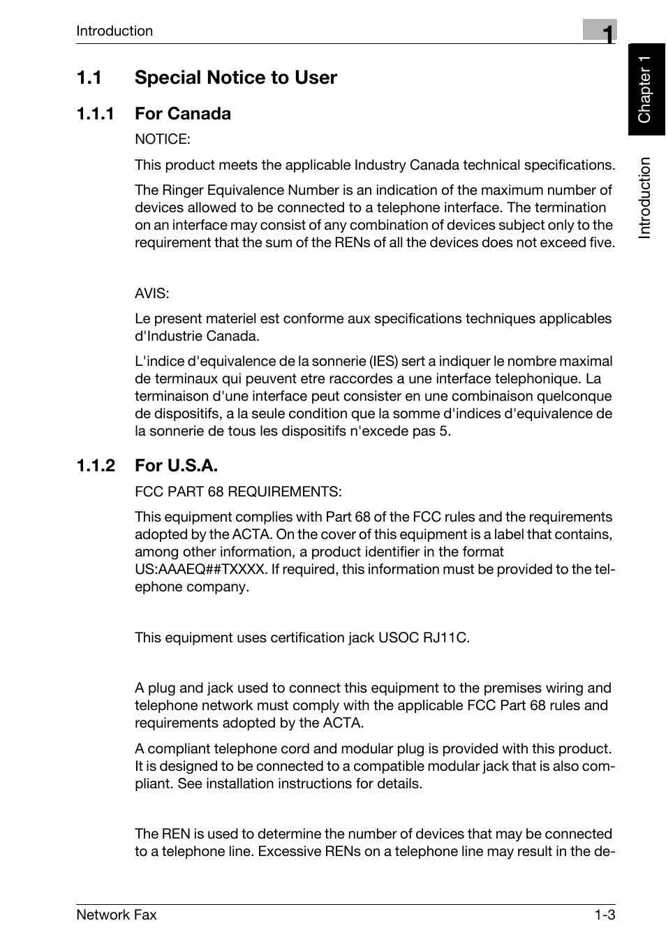 1 special notice to user, 1 for canada, 2 for u.s.a | Special notice to user -3, For canada -3, For u.s.a -3 | Konica Minolta bizhub 750 User Manual | Page 12 / 334