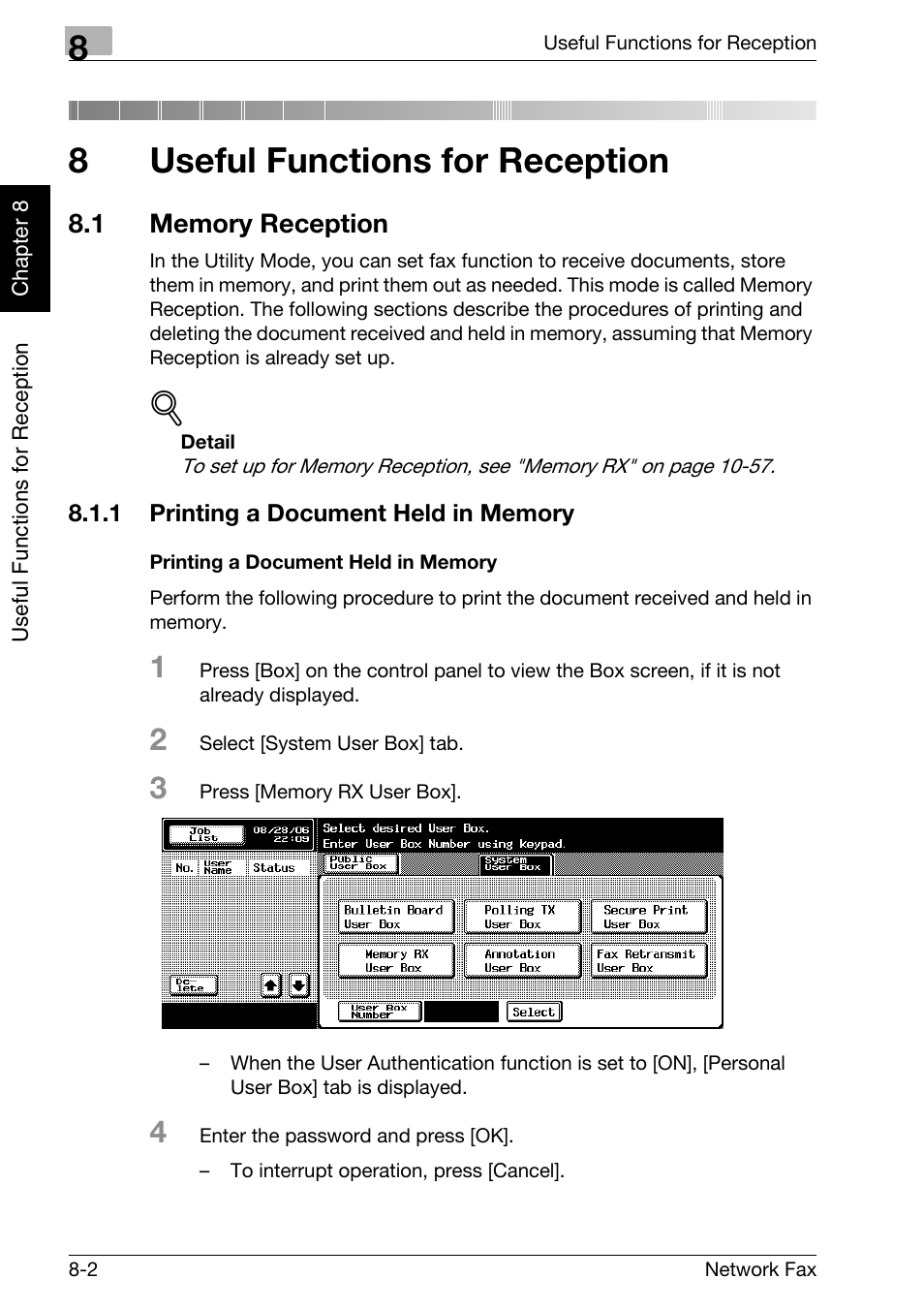 8 useful functions for reception, 1 memory reception, 1 printing a document held in memory | Printing a document held in memory, Useful functions for reception, Memory reception -2, Printing a document held in memory -2, 8useful functions for reception | Konica Minolta bizhub 750 User Manual | Page 149 / 334