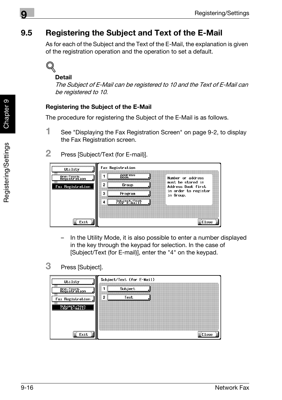 5 registering the subject and text of the e-mail, Registering the subject of the e-mail, Registering the subject and text of the e-mail -16 | Konica Minolta bizhub 750 User Manual | Page 169 / 334