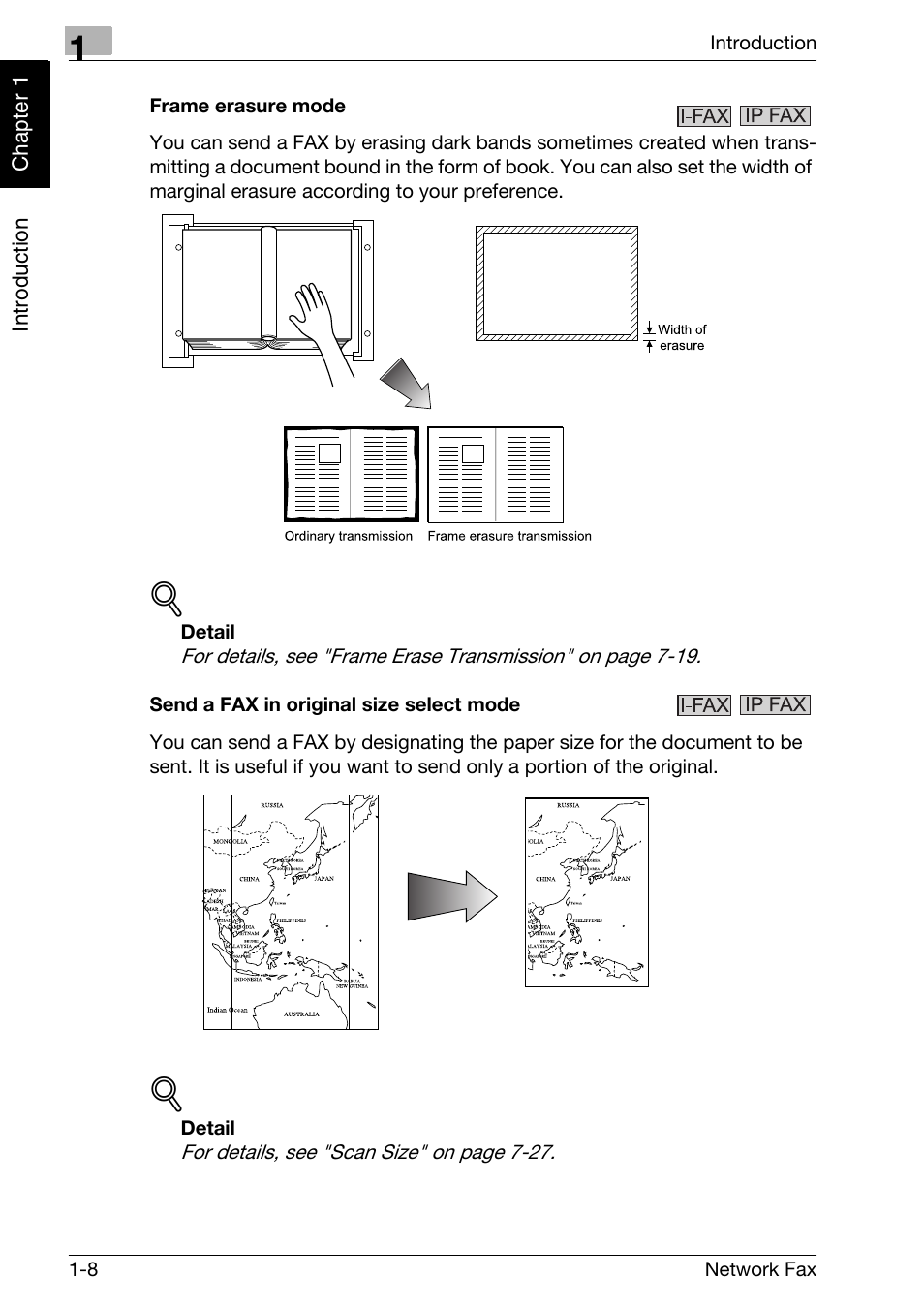 Frame erasure mode, Send a fax in original size select mode | Konica Minolta bizhub 750 User Manual | Page 17 / 334
