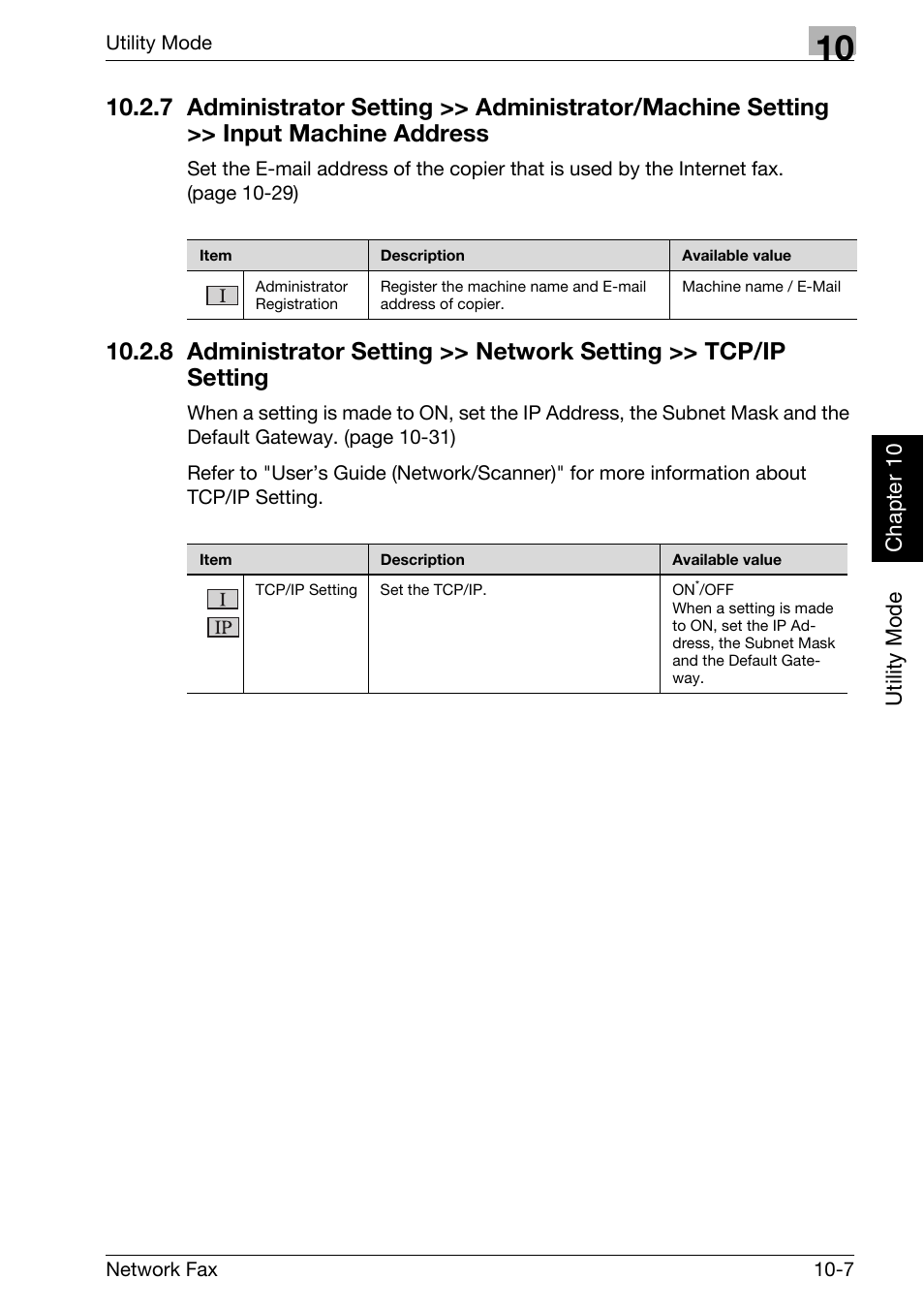 Input machine address -7, Utility mode chapter 10 | Konica Minolta bizhub 750 User Manual | Page 188 / 334