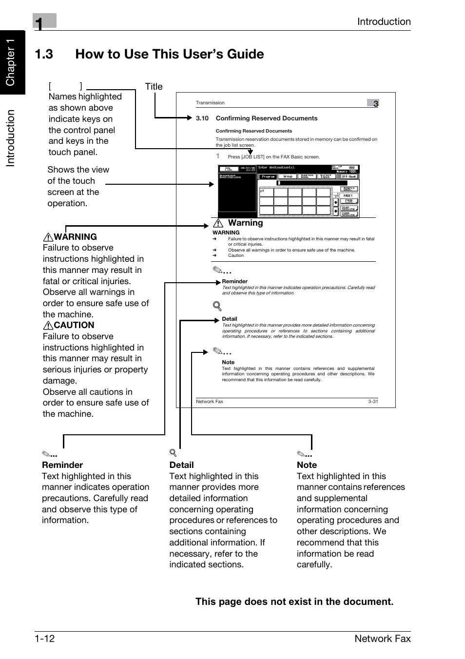 3 how to use this user’s guide, How to use this user’s guide -12, Introduction 1-12 network fax | This page does not exist in the document | Konica Minolta bizhub 750 User Manual | Page 21 / 334