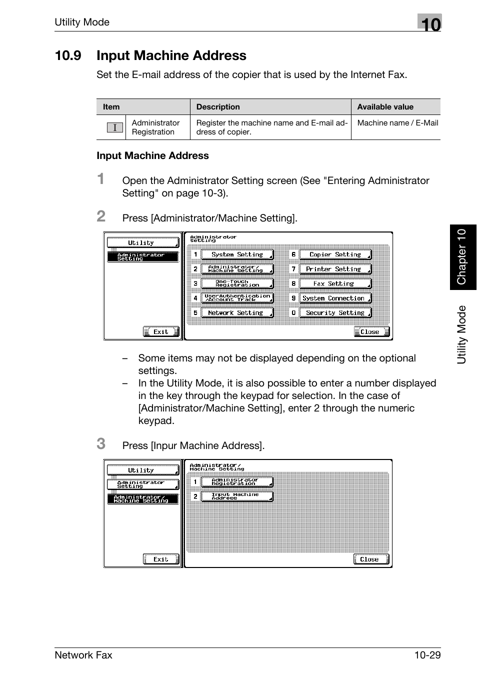 9 input machine address, Input machine address, Input machine address -29 | P. 10-29 | Konica Minolta bizhub 750 User Manual | Page 210 / 334