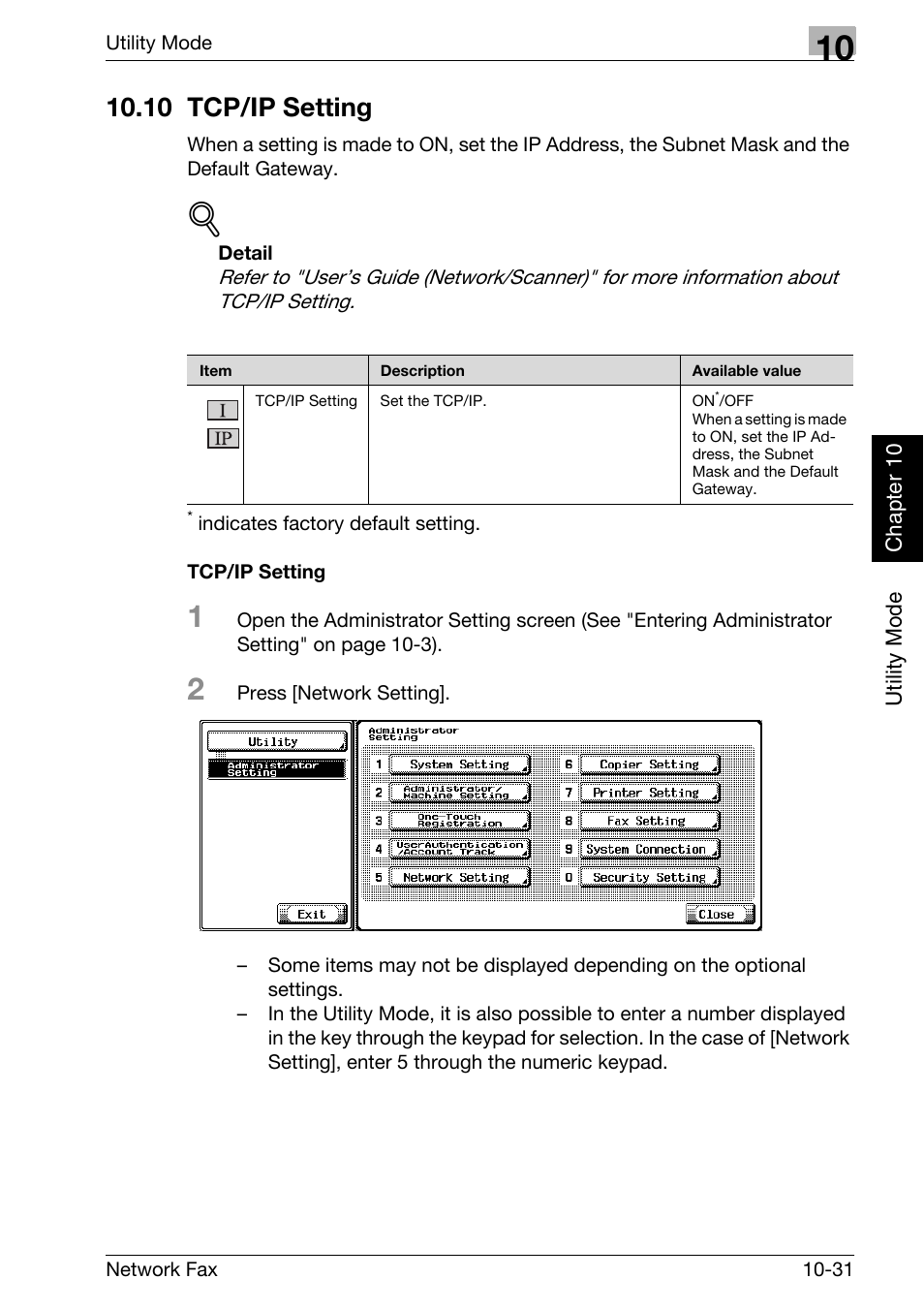 10 tcp/ip setting, Tcp/ip setting, 10 tcp/ip setting -31 | Konica Minolta bizhub 750 User Manual | Page 212 / 334