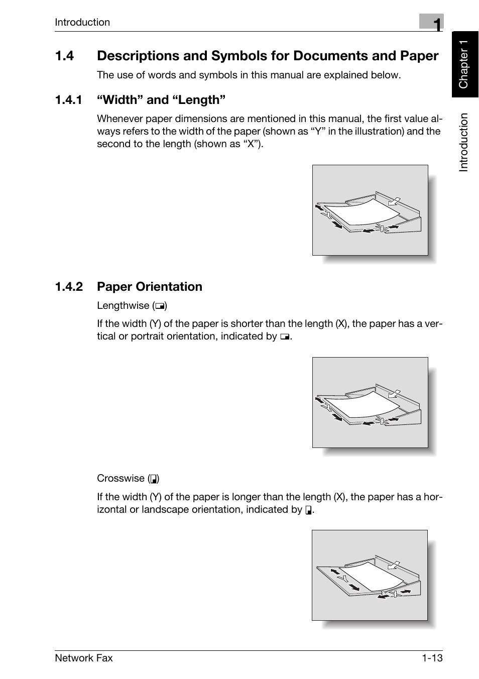 4 descriptions and symbols for documents and paper, 1 “width” and “length, 2 paper orientation | Width” and “length” -13, Paper orientation -13 | Konica Minolta bizhub 750 User Manual | Page 22 / 334