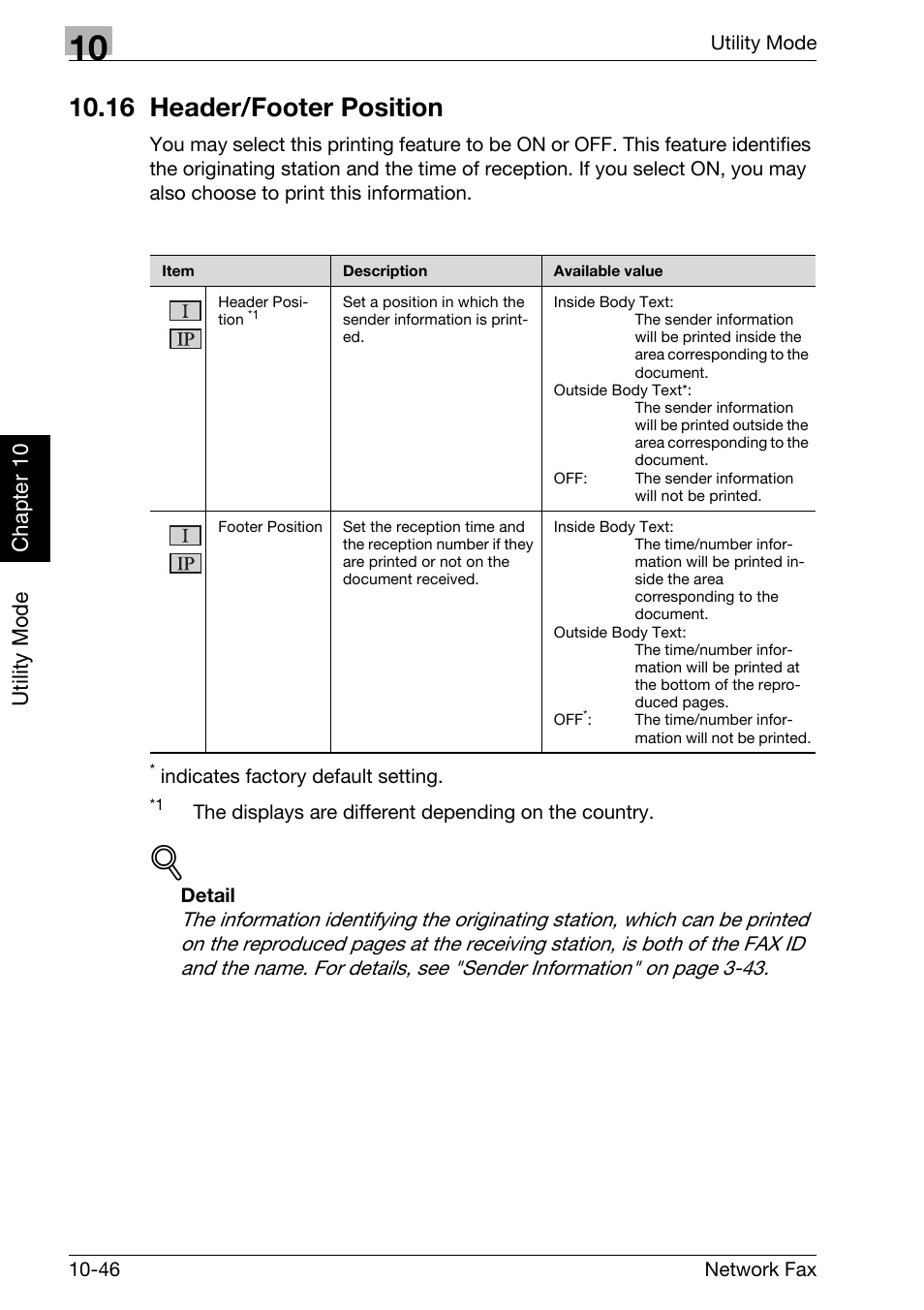 16 header/footer position, 16 header/footer position -46, Utility mode chapter 10 | Konica Minolta bizhub 750 User Manual | Page 227 / 334