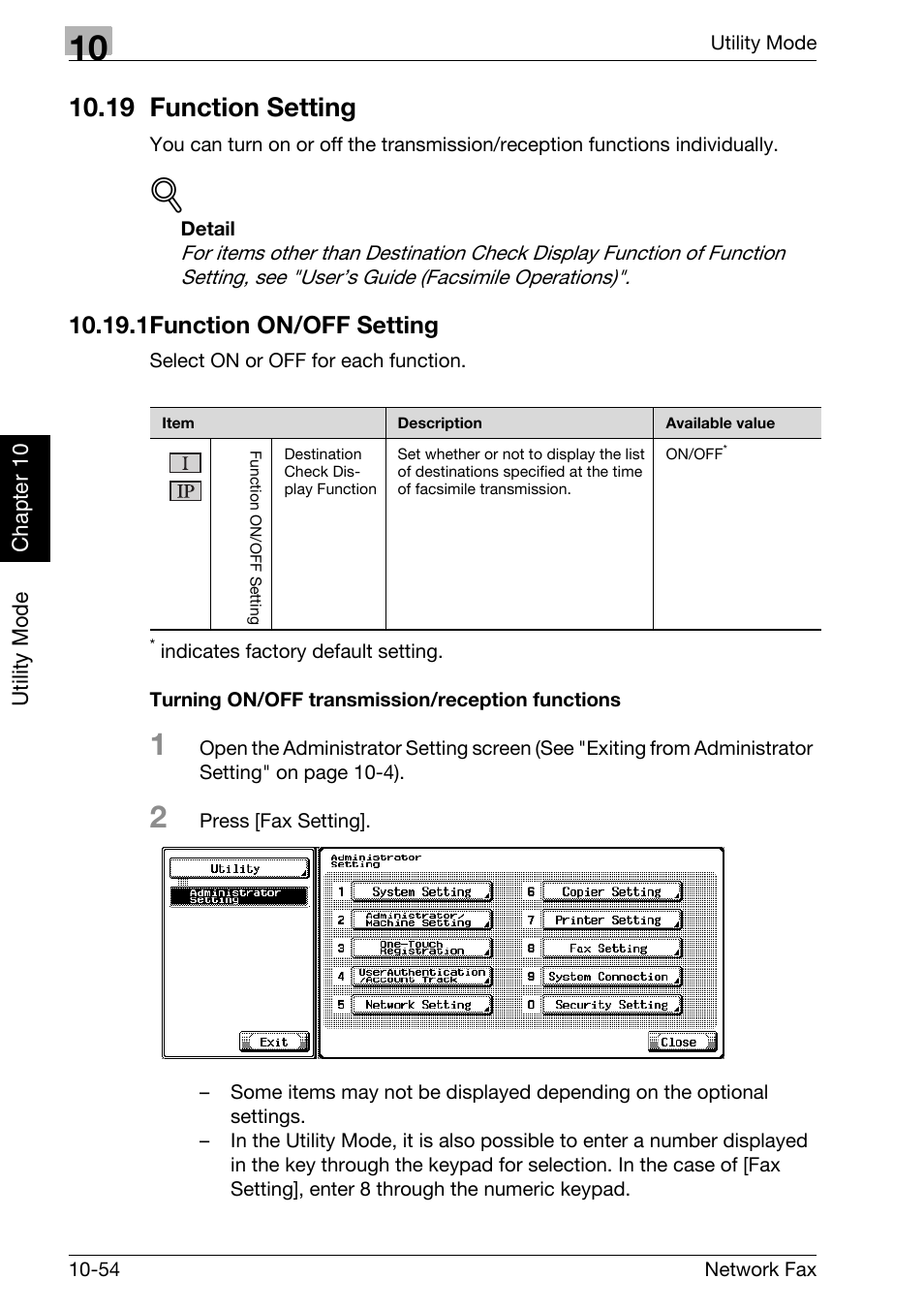 19 function setting, 1 function on/off setting, Turning on/off transmission/reception functions | 19 function setting -54, Function on/off setting -54, 1function on/off setting | Konica Minolta bizhub 750 User Manual | Page 235 / 334