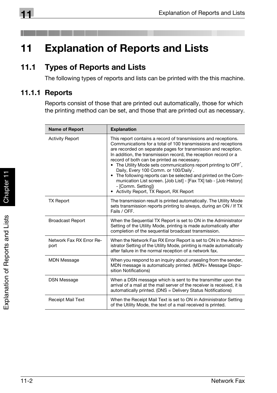 11 explanation of reports and lists, 1 types of reports and lists, 1 reports | Types of reports and lists -2, Reports -2 | Konica Minolta bizhub 750 User Manual | Page 249 / 334