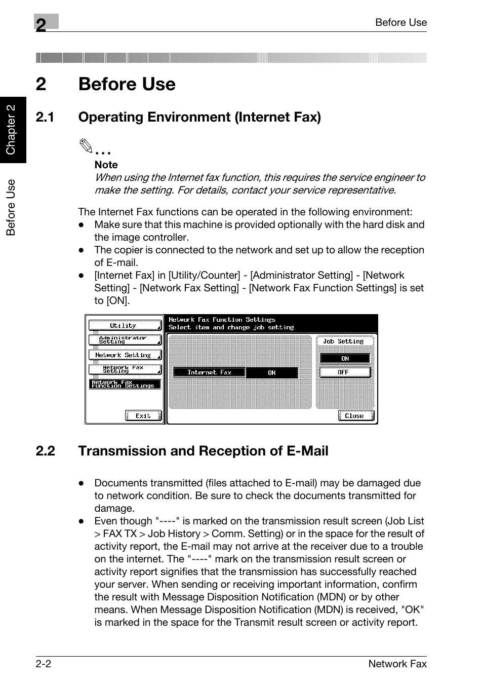 2 before use, 1 operating environment (internet fax), 2 transmission and reception of e-mail | Before use, Operating environment (internet fax) -2, Transmission and reception of e-mail -2, 2before use | Konica Minolta bizhub 750 User Manual | Page 27 / 334