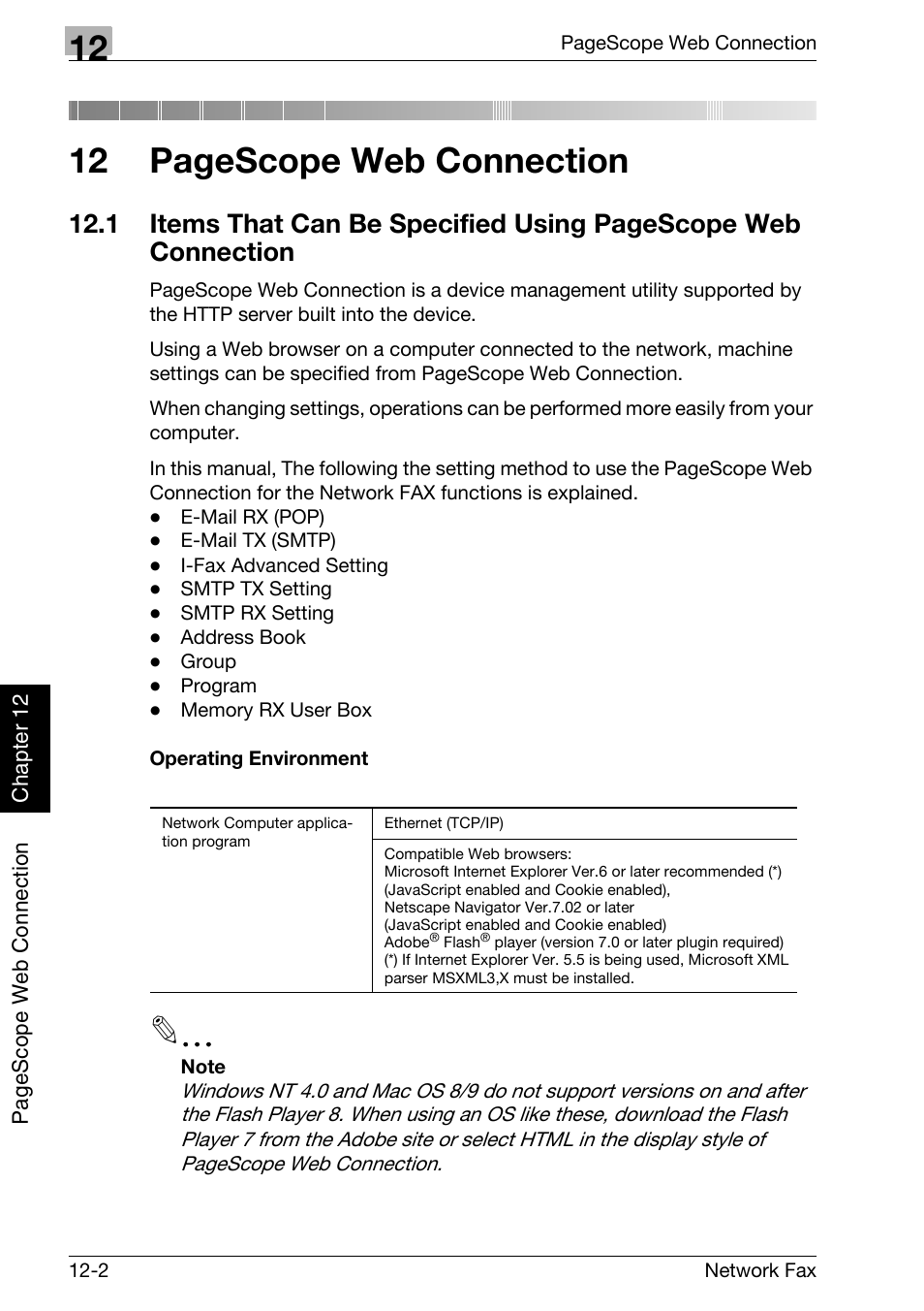 Operating environment, Items that can be specified, 12 pagescope web connection | Konica Minolta bizhub 750 User Manual | Page 281 / 334