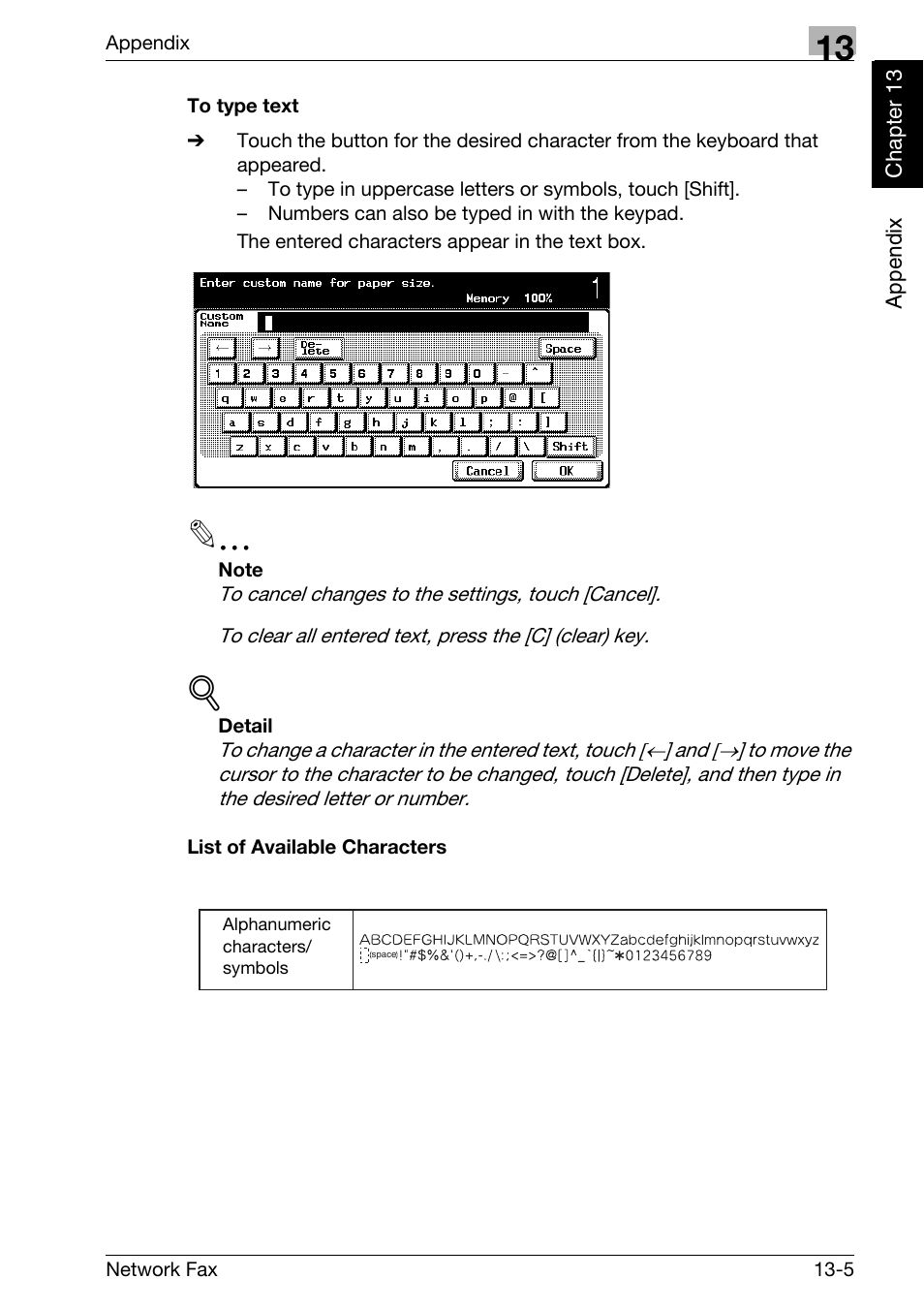 To type text, List of available characters | Konica Minolta bizhub 750 User Manual | Page 322 / 334