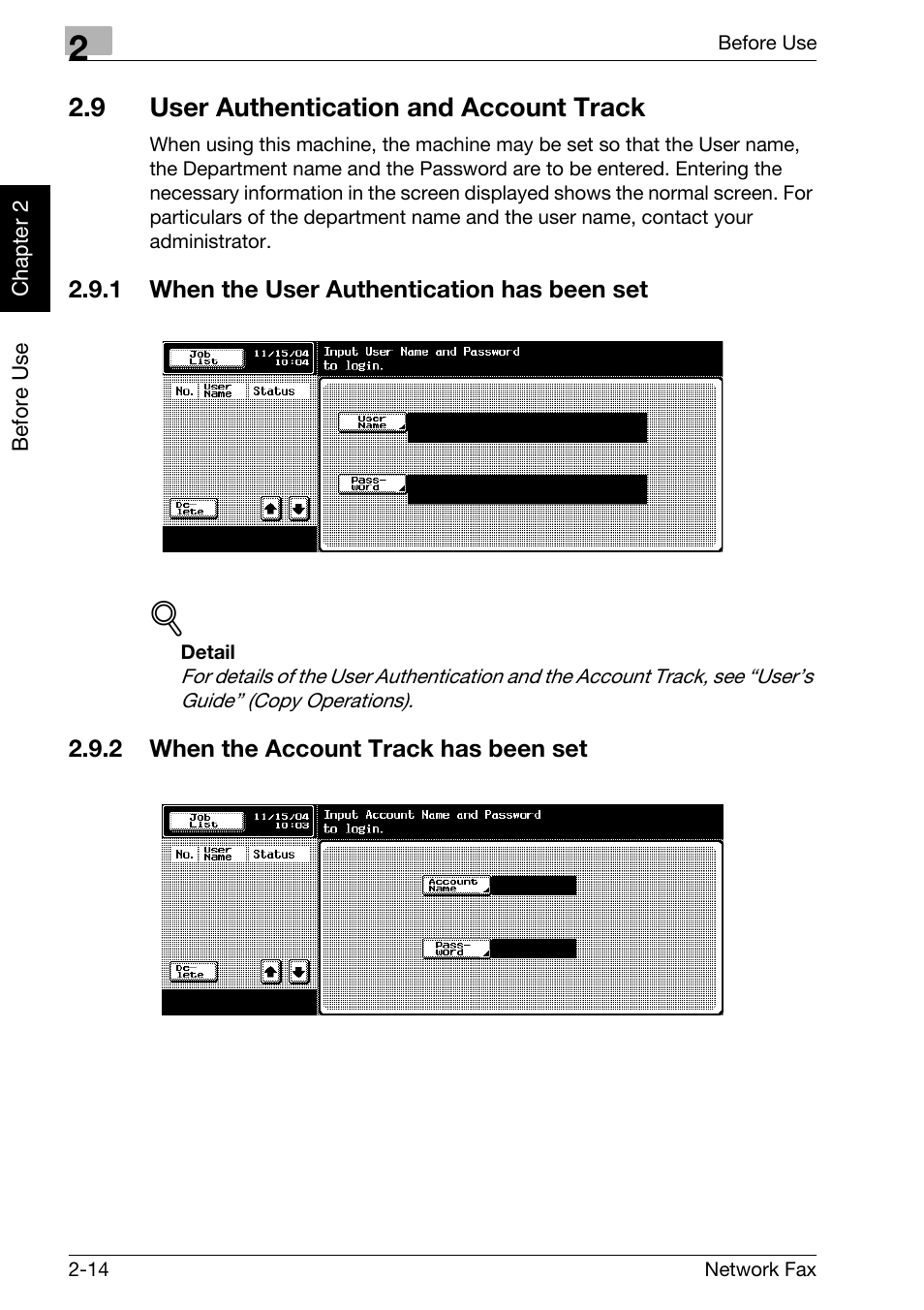 9 user authentication and account track, 1 when the user authentication has been set, 2 when the account track has been set | User authentication and account track -14, When the user authentication has been set -14, When the account track has been set -14 | Konica Minolta bizhub 750 User Manual | Page 39 / 334