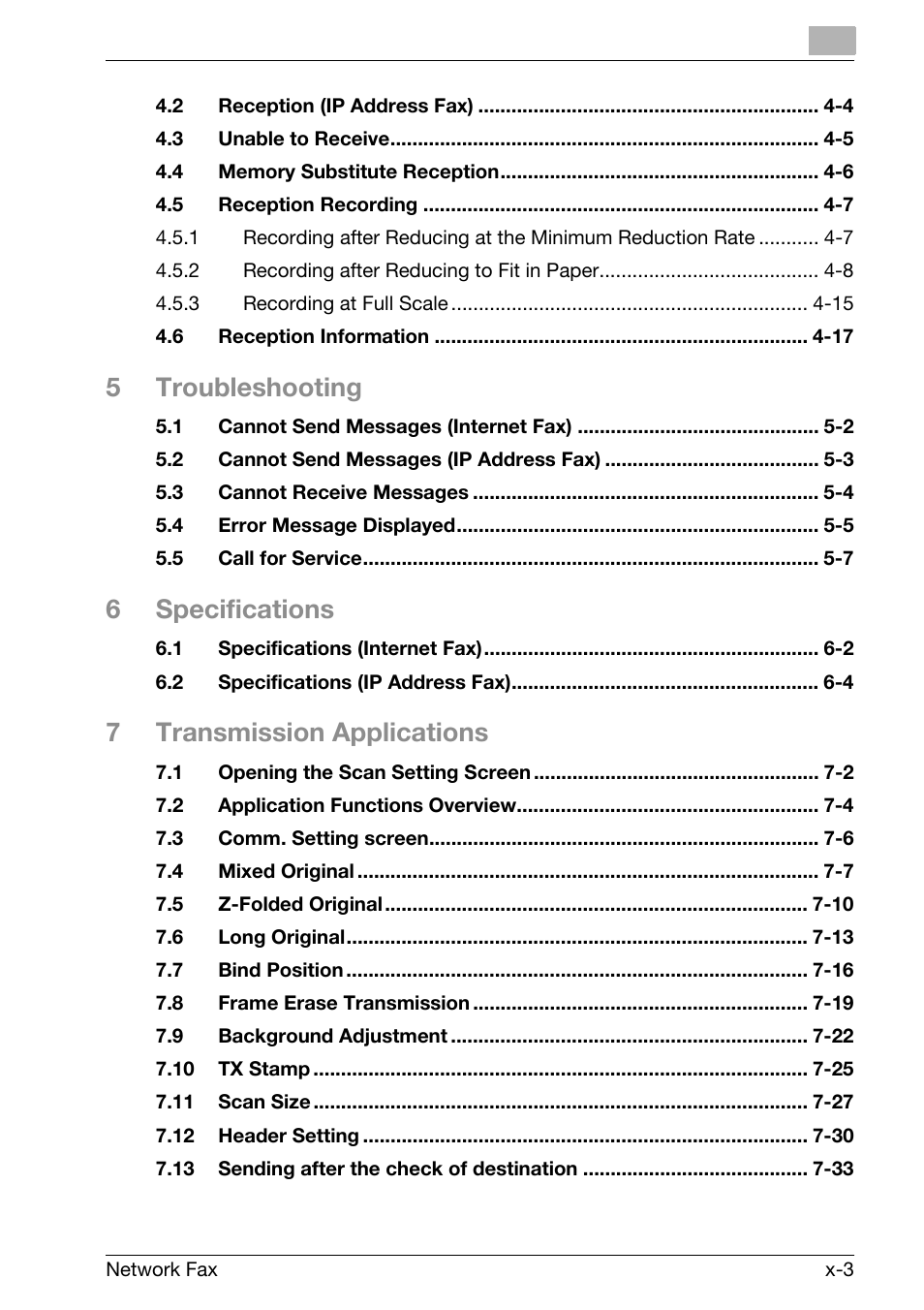 5troubleshooting, 6specifications, 7transmission applications | Konica Minolta bizhub 750 User Manual | Page 4 / 334