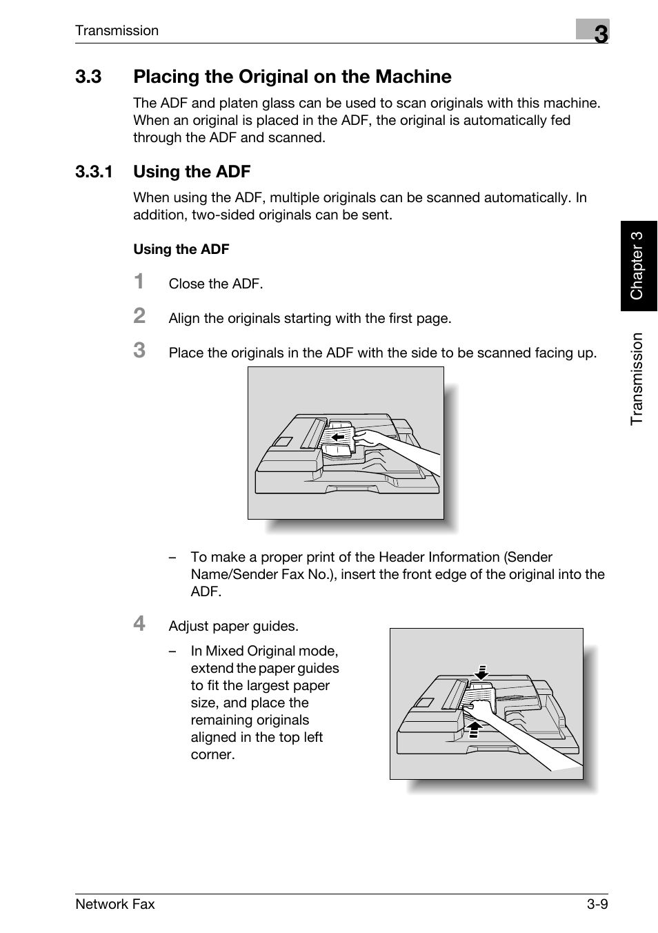 3 placing the original on the machine, 1 using the adf, Using the adf | Placing the original on the machine -9, Using the adf -9 | Konica Minolta bizhub 750 User Manual | Page 48 / 334