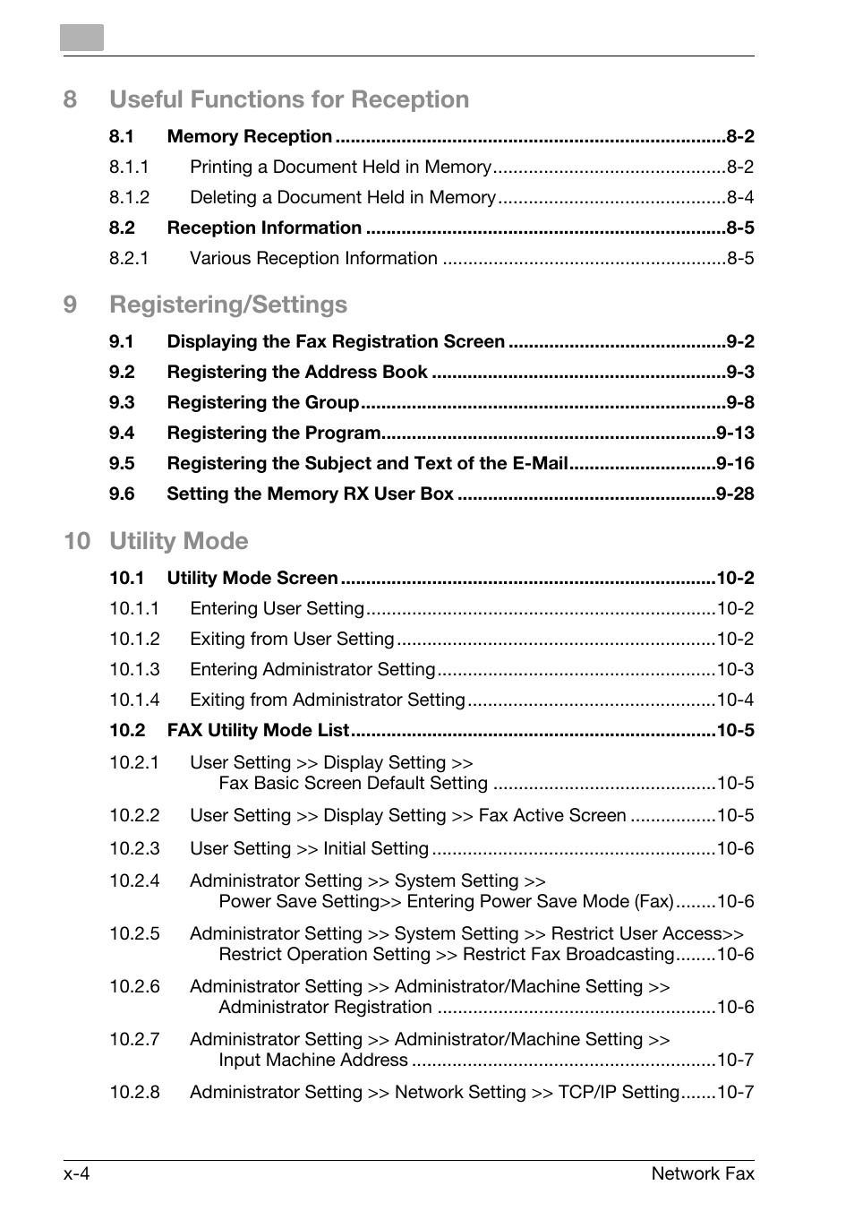 8useful functions for reception, 9registering/settings, 10 utility mode | Konica Minolta bizhub 750 User Manual | Page 5 / 334