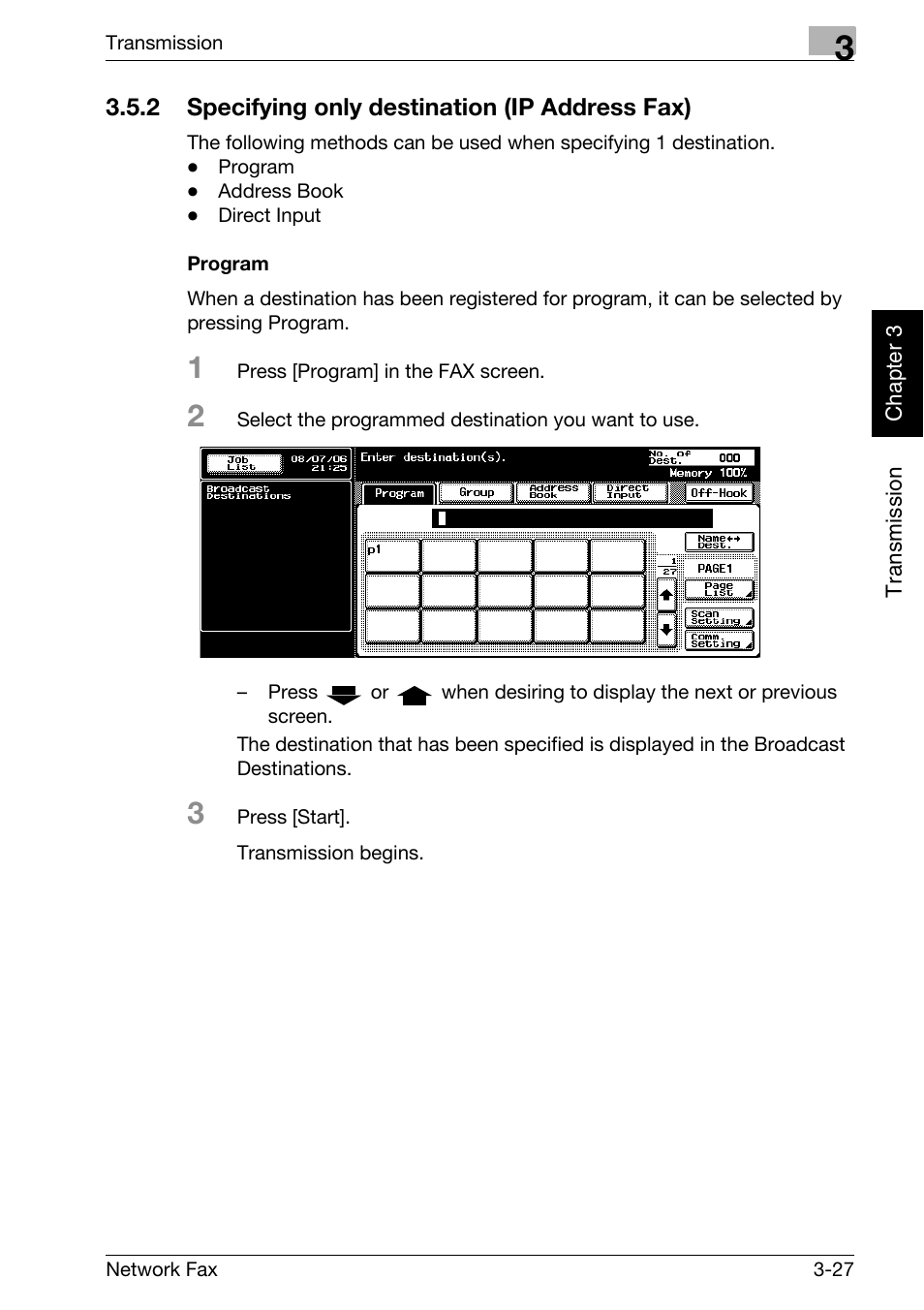 2 specifying only destination (ip address fax), Program, Specifying only destination (ip address fax) -27 | Konica Minolta bizhub 750 User Manual | Page 66 / 334