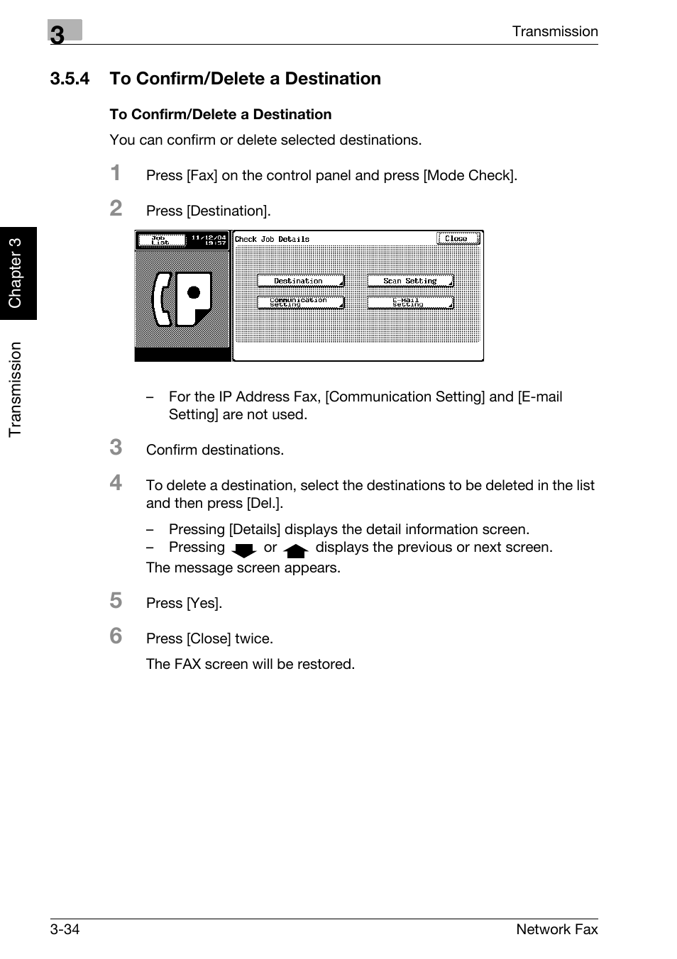 4 to confirm/delete a destination, To confirm/delete a destination, To confirm/delete a destination -34 | Konica Minolta bizhub 750 User Manual | Page 73 / 334