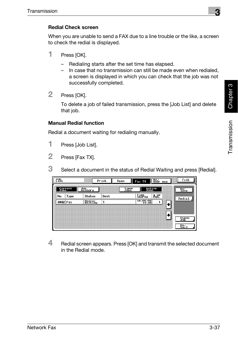 Redial check screen, Manual redial function | Konica Minolta bizhub 750 User Manual | Page 76 / 334