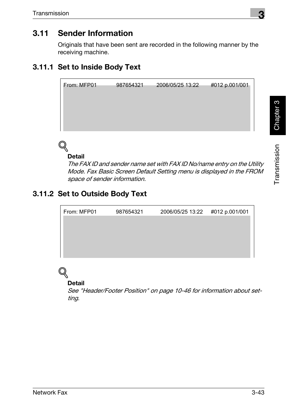 11 sender information, 1 set to inside body text, 2 set to outside body text | Sender information -43, Set to inside body text -43, Set to outside body text -43 | Konica Minolta bizhub 750 User Manual | Page 82 / 334