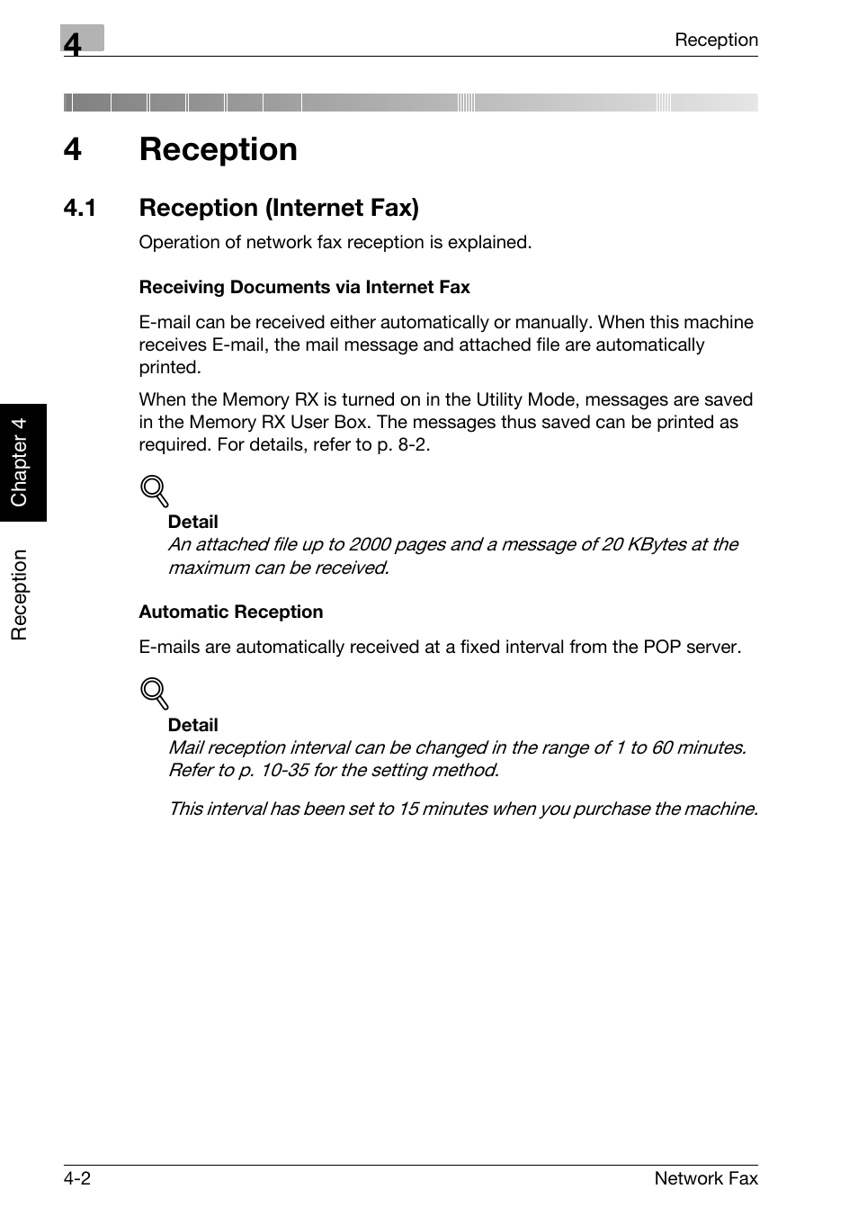 4 reception, 1 reception (internet fax), Receiving documents via internet fax | Automatic reception, Reception, Reception (internet fax) -2, 4reception | Konica Minolta bizhub 750 User Manual | Page 85 / 334