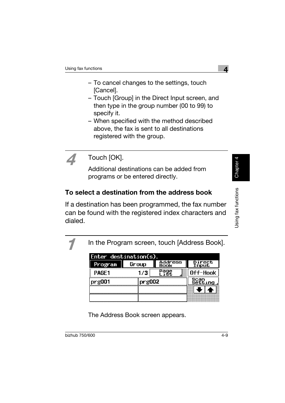 To select a destination from the address book, To select a destination from the address book -9 | Konica Minolta bizhub 750 User Manual | Page 116 / 150