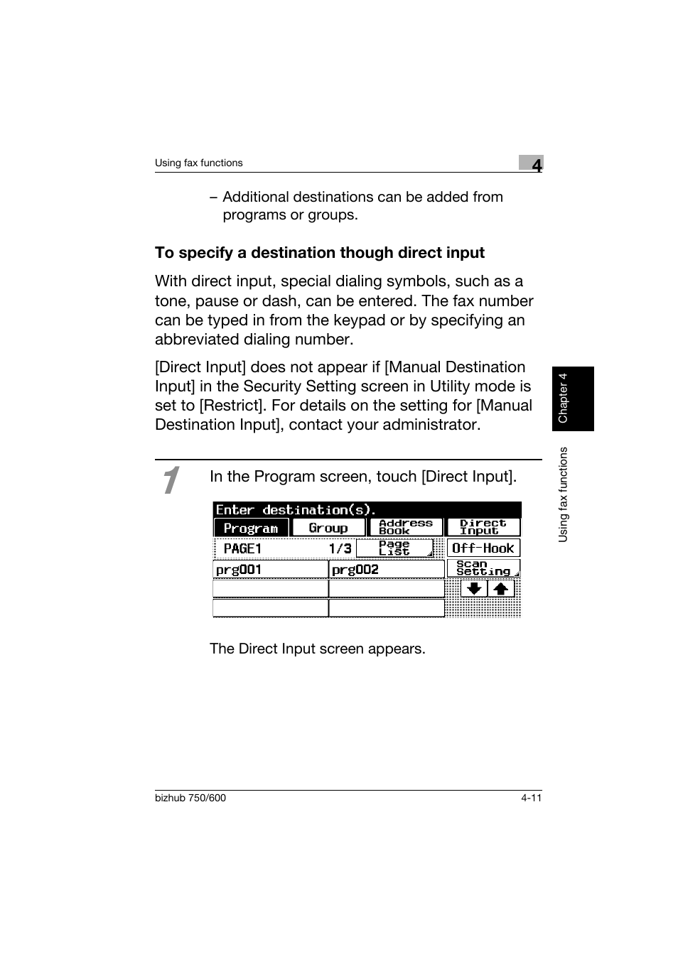 To specify a destination though direct input, To specify a destination though direct input -11 | Konica Minolta bizhub 750 User Manual | Page 118 / 150