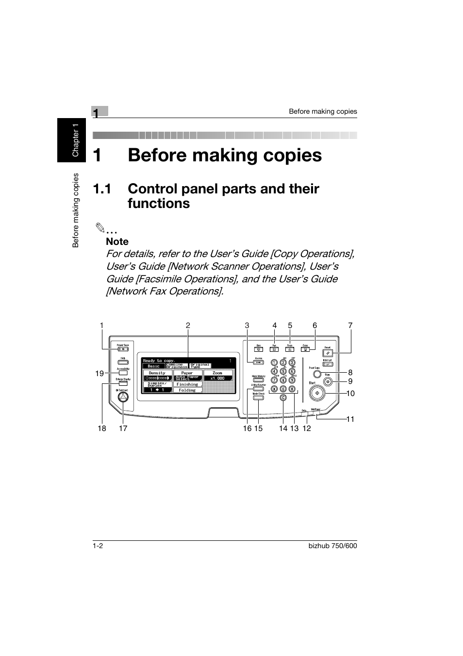 1 before making copies, 1 control panel parts and their functions, 1 control panel parts and their | Functions -2, 1before making copies | Konica Minolta bizhub 750 User Manual | Page 13 / 150