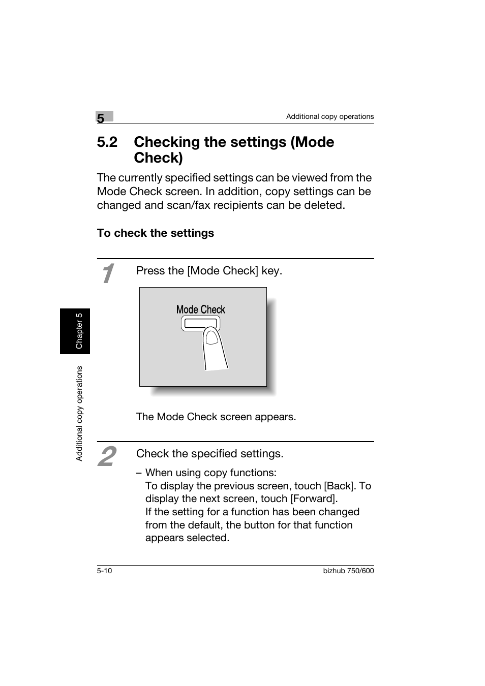 2 checking the settings (mode check), To check the settings, 2 checking the settings (mode check) -10 | To check the settings -10 | Konica Minolta bizhub 750 User Manual | Page 143 / 150