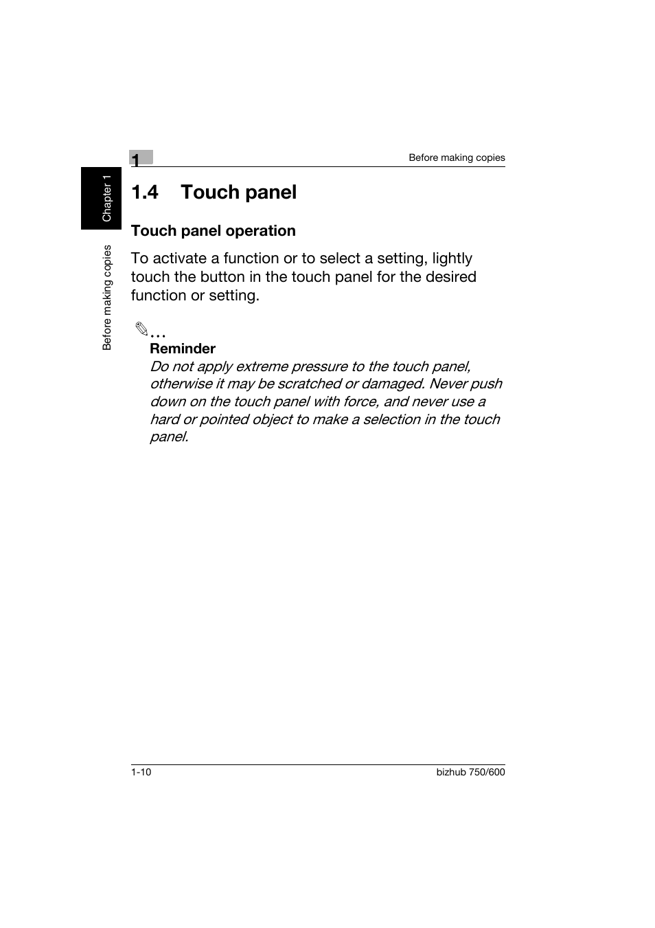 4 touch panel, Touch panel operation, 4 touch panel -10 | Touch panel operation -10 | Konica Minolta bizhub 750 User Manual | Page 21 / 150