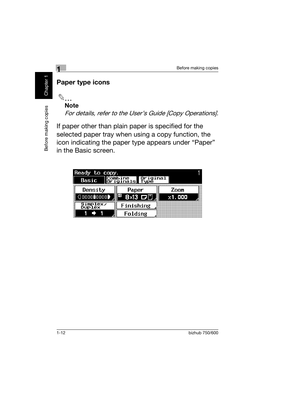 Paper type icons, Paper type icons -12 | Konica Minolta bizhub 750 User Manual | Page 23 / 150