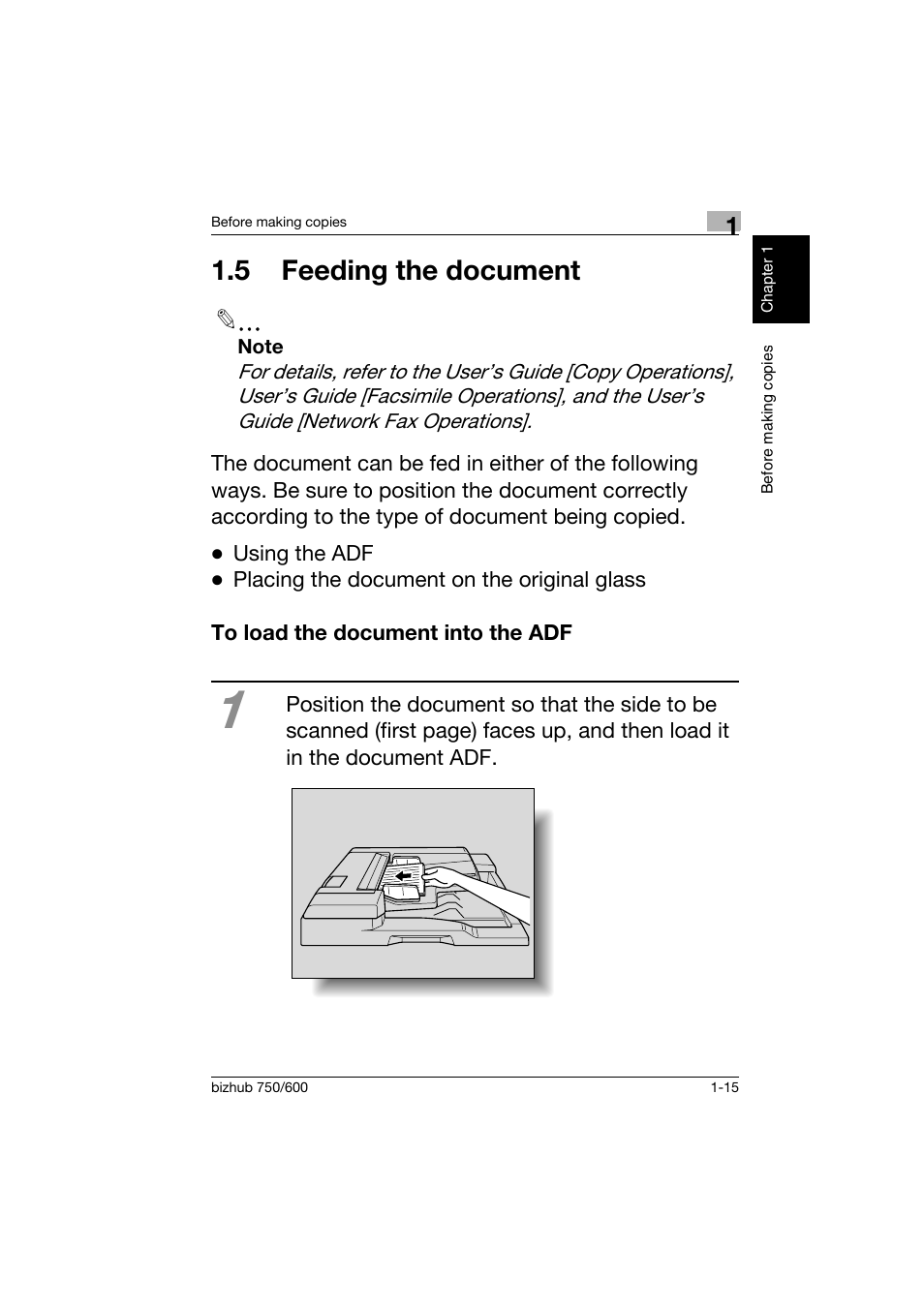 5 feeding the document, To load the document into the adf, 5 feeding the document -15 | To load the document into the adf -15 | Konica Minolta bizhub 750 User Manual | Page 26 / 150