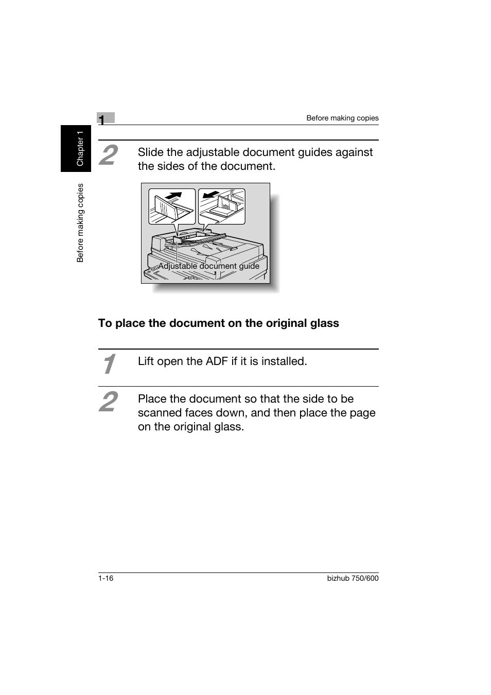 To place the document on the original glass, To place the document on the original glass -16 | Konica Minolta bizhub 750 User Manual | Page 27 / 150