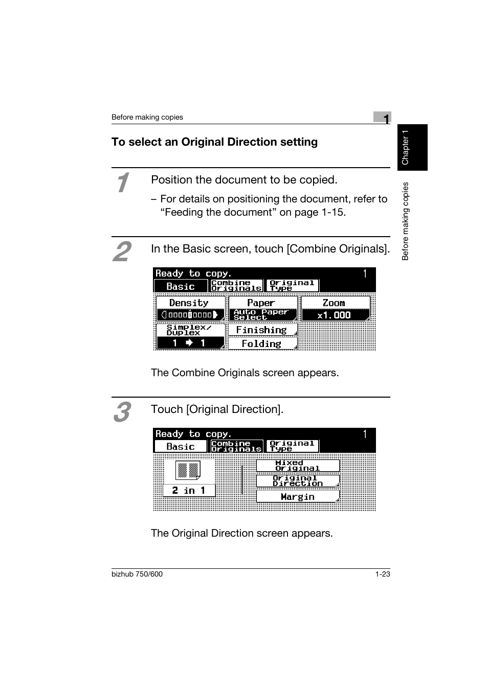 To select an original direction setting, To select an original direction setting -23 | Konica Minolta bizhub 750 User Manual | Page 34 / 150