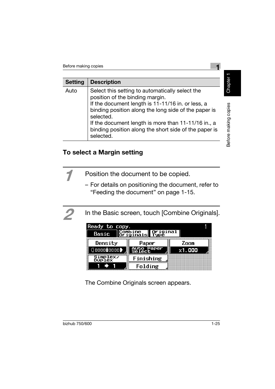 To select a margin setting, To select a margin setting -25 | Konica Minolta bizhub 750 User Manual | Page 36 / 150