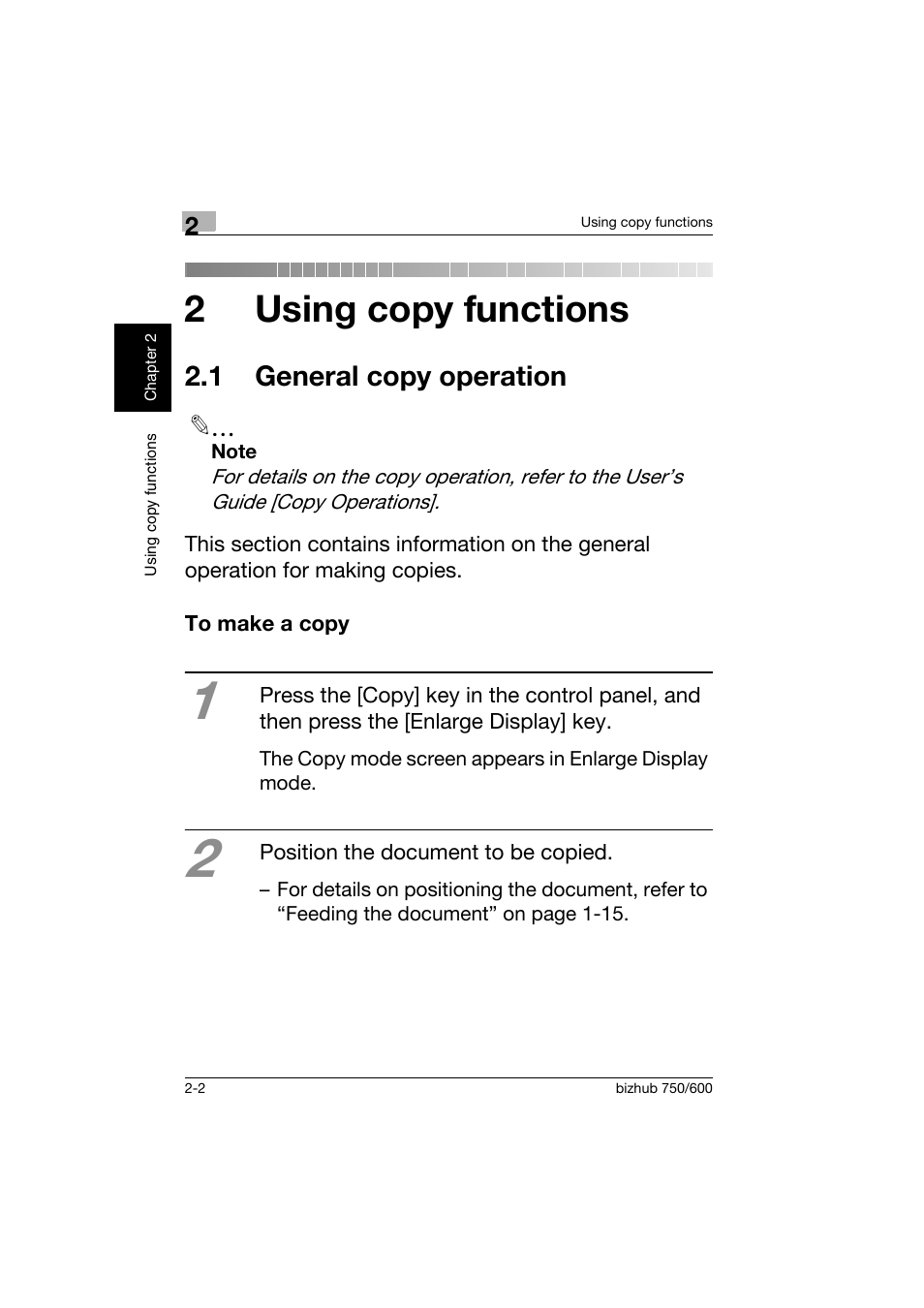 2 using copy functions, 1 general copy operation, To make a copy | 1 general copy operation -2, To make a copy -2, 2using copy functions | Konica Minolta bizhub 750 User Manual | Page 39 / 150