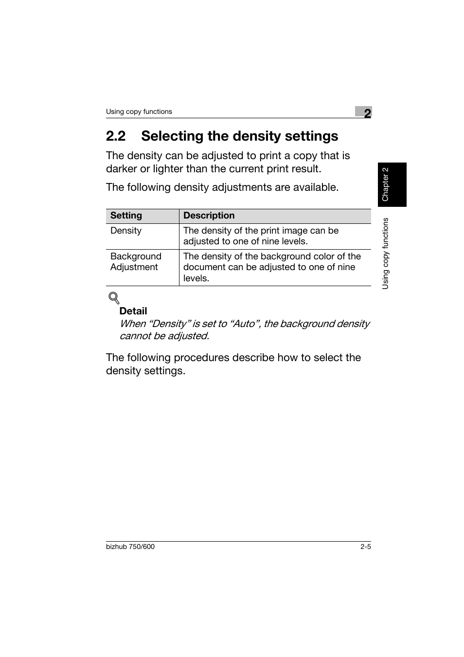 2 selecting the density settings, 2 selecting the density settings -5 | Konica Minolta bizhub 750 User Manual | Page 42 / 150