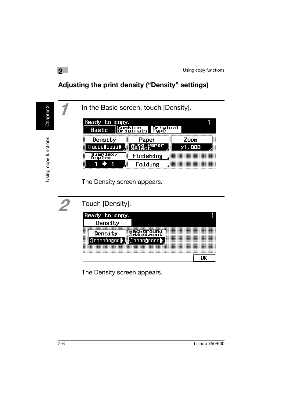 Adjusting the print density (“density” settings) | Konica Minolta bizhub 750 User Manual | Page 43 / 150